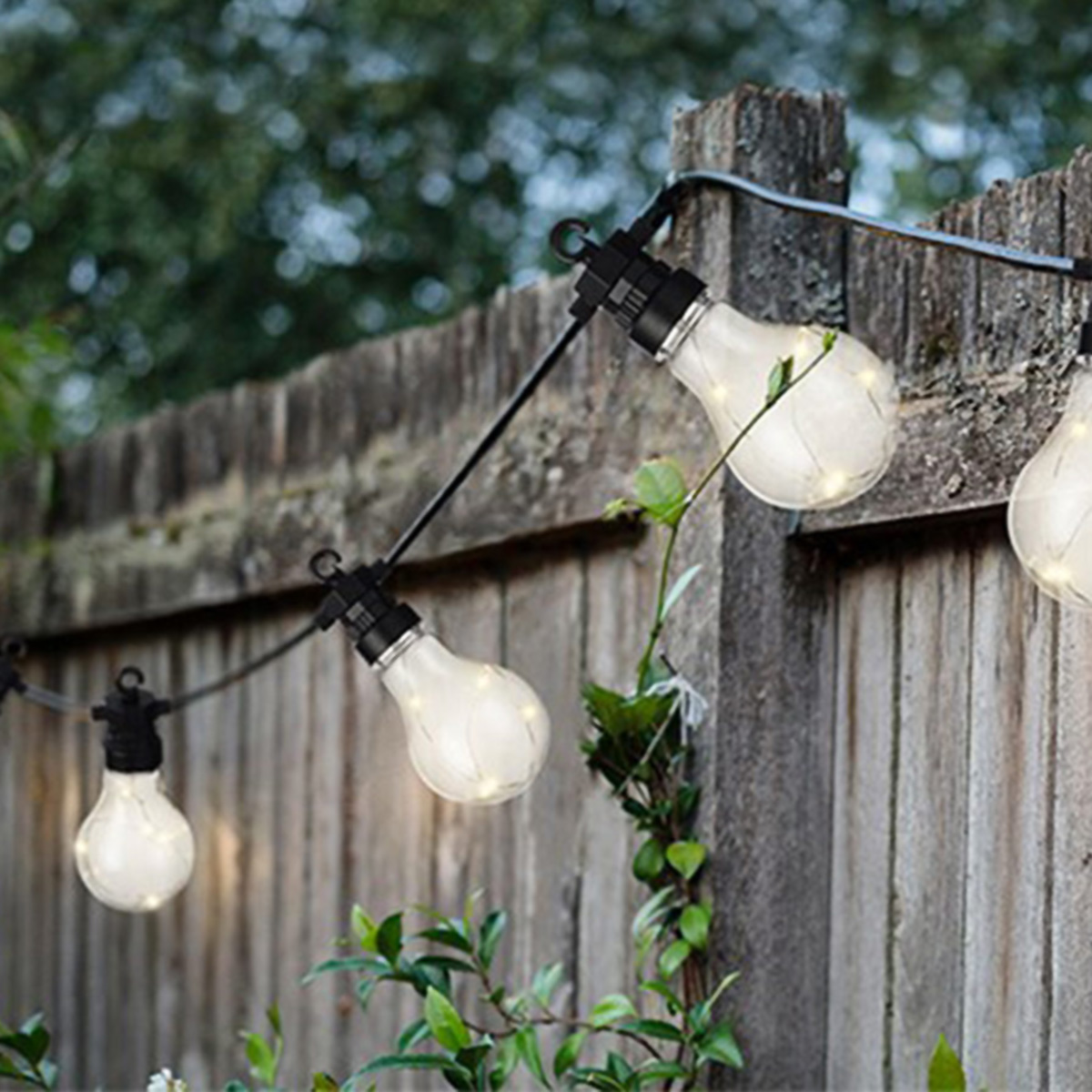 Luces de cadena con bombillas claras colgando de una valla de madera, con vegetación.