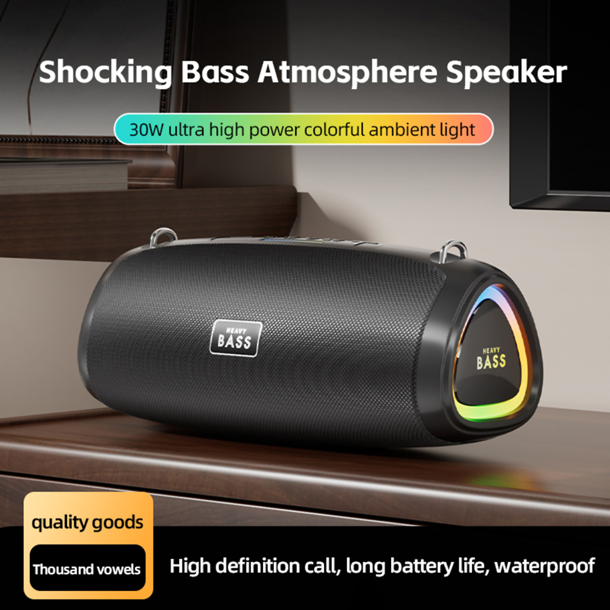 Altavoz negro con luces coloridas, colocado sobre una superficie de madera.