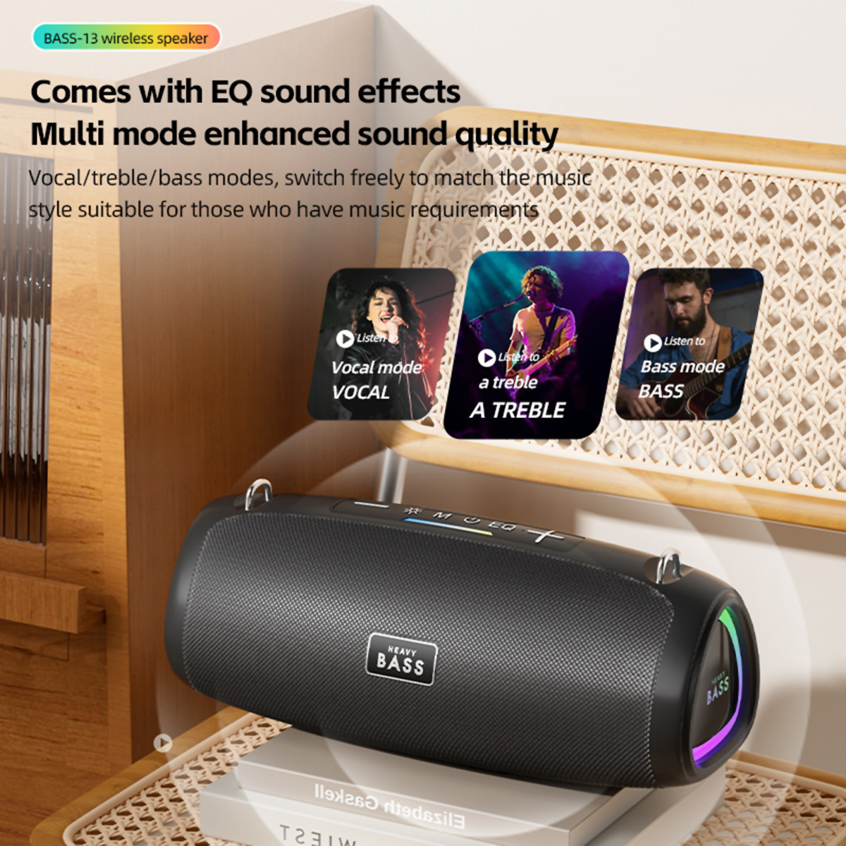 Altavoz negro de graves pesados con luces de colores, sobre una mesa, con imágenes de cantantes.