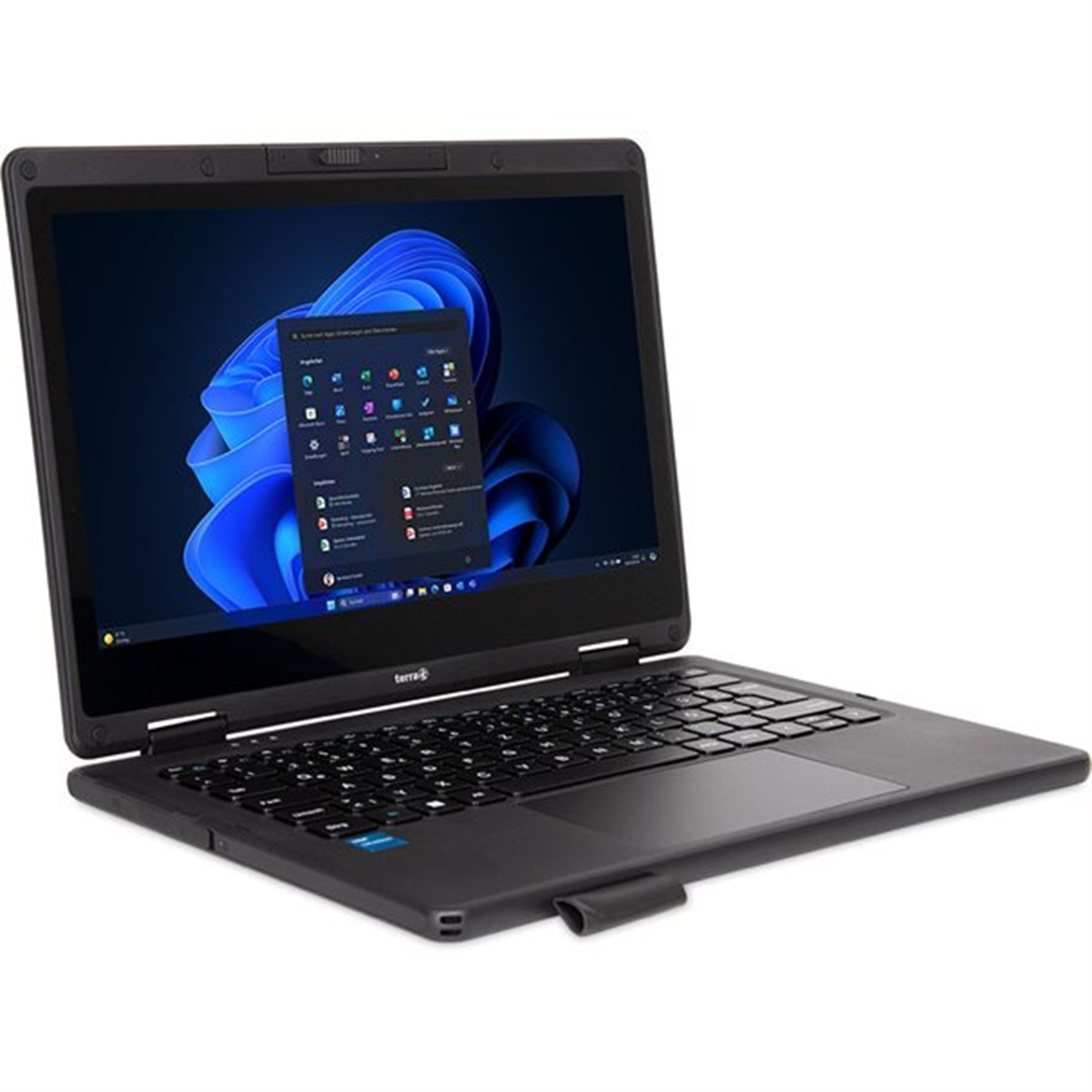 Czarny laptop z otwartym ekranem wyświetlającym interfejs Windows na stole.