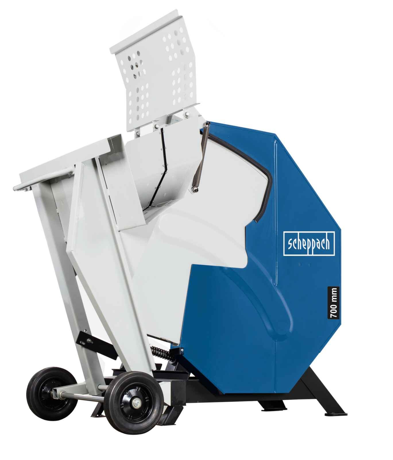 Een blauw-witte houtklover met twee wielen, een blauwe behuizing en een 'scheppach'-logo.
