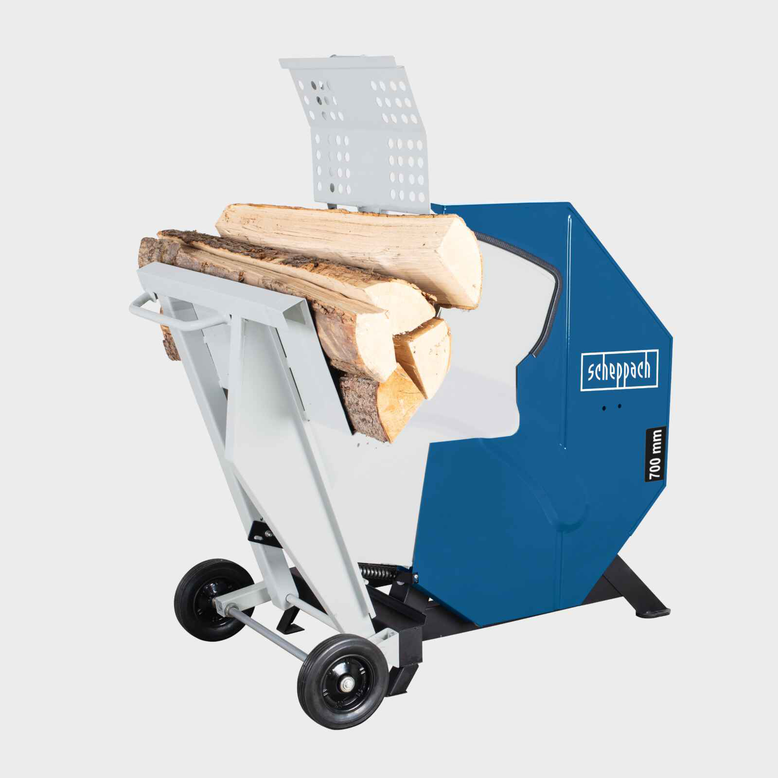Een blauw-witte houtklover met houtblokken op de witte lade, met wielen en het scheppach logo.