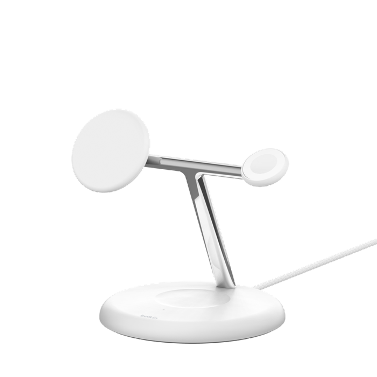 Un soporte de carga blanco con base circular y dos plataformas de carga para teléfono y reloj, con brazo plateado.