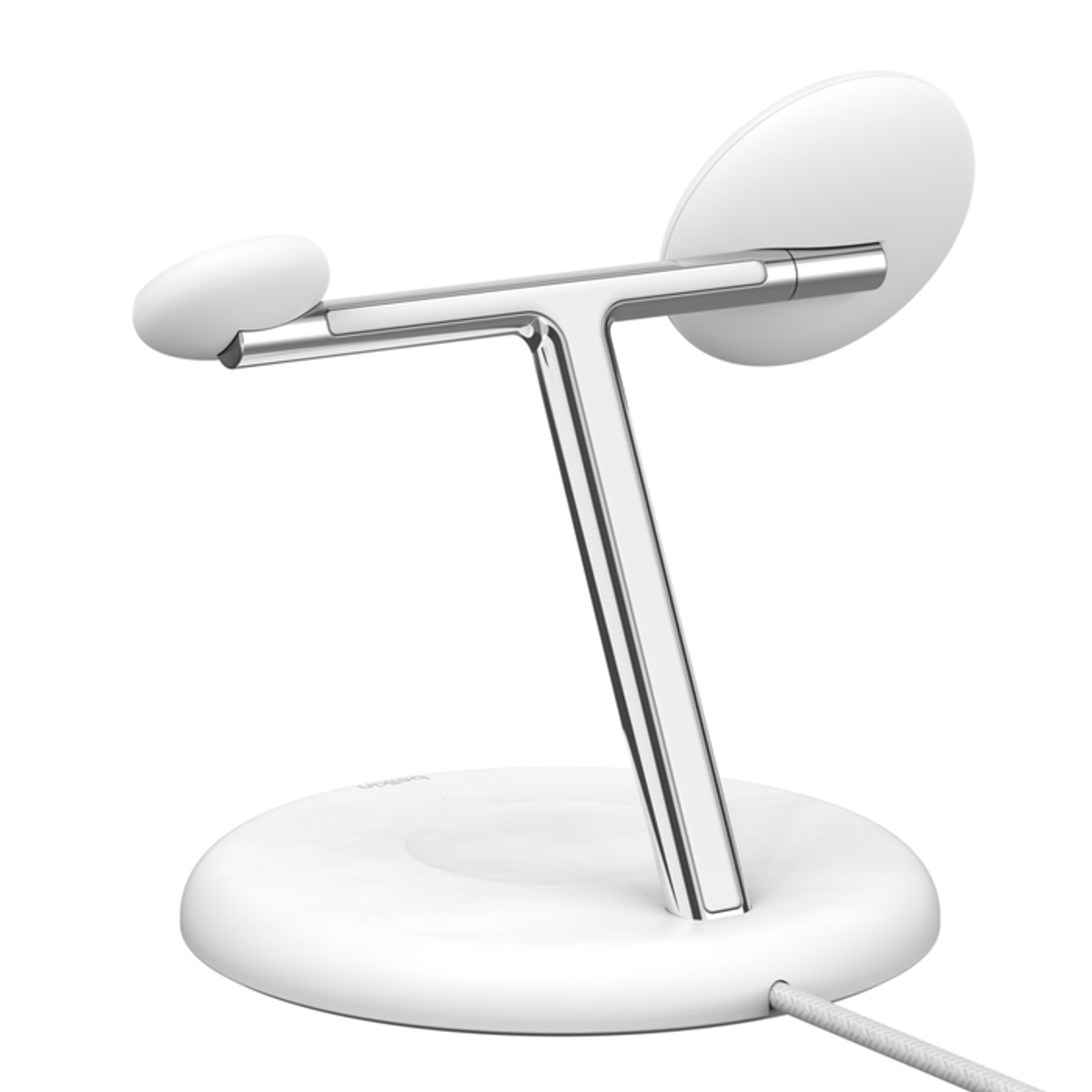 Un soporte de carga blanco con base circular, brazo plateado en forma de T y dos plataformas para teléfono y reloj.