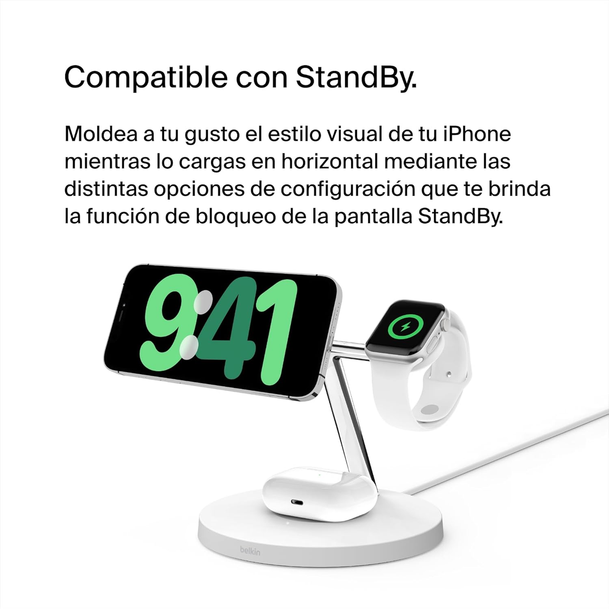 Un teléfono y un reloj se cargan en un soporte de carga blanco. El teléfono muestra 9:41, y el reloj tiene un icono de carga.