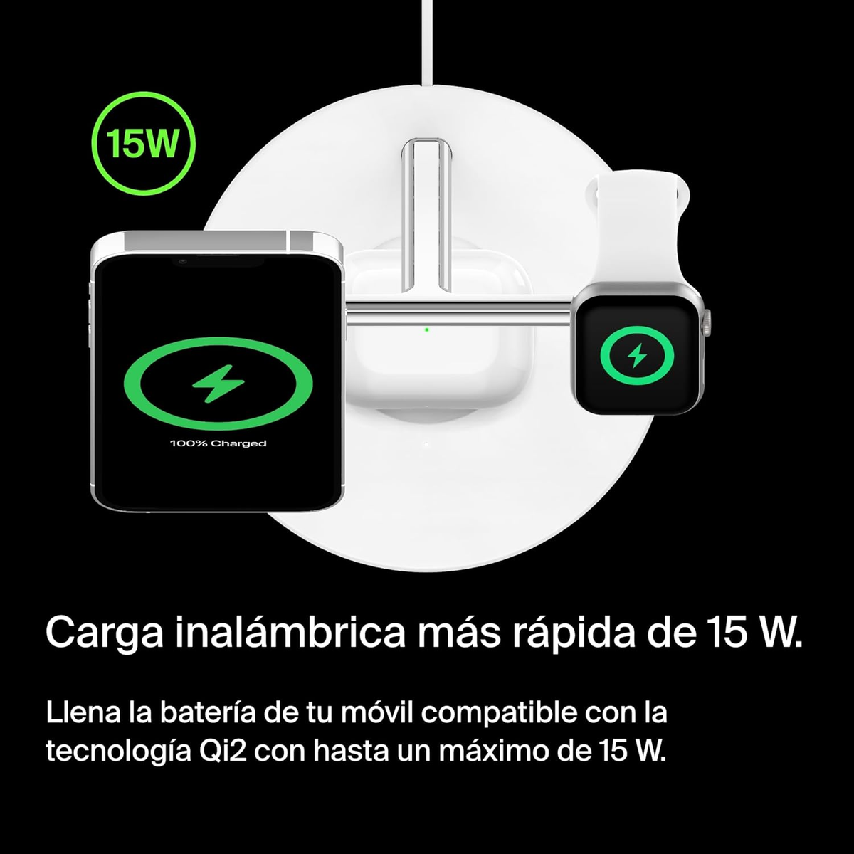 Un cargador inalámbrico negro carga un teléfono y un reloj. El teléfono muestra 100% cargado. El cargador tiene un logo de 15W.