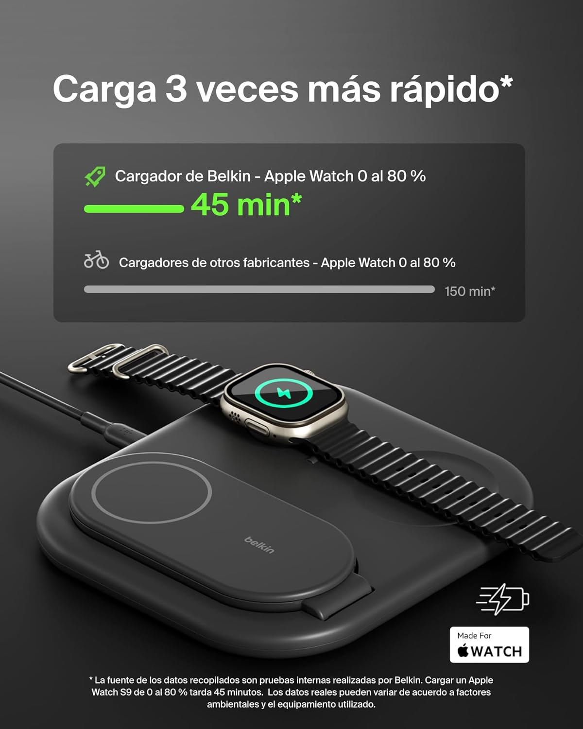 Base di ricarica wireless nera con Apple Watch. Mostra il confronto della velocità di ricarica.