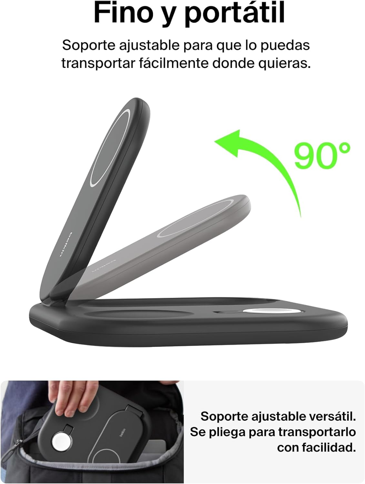 Supporto di ricarica wireless nero, angolato con freccia. Mostra piegatura e portabilità.