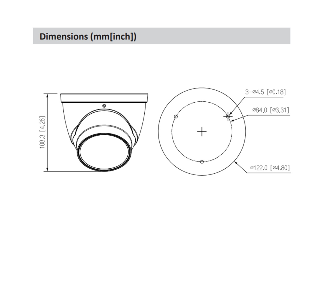 Dibujo técnico de una cámara de seguridad blanca con dimensiones en milímetros y pulgadas.