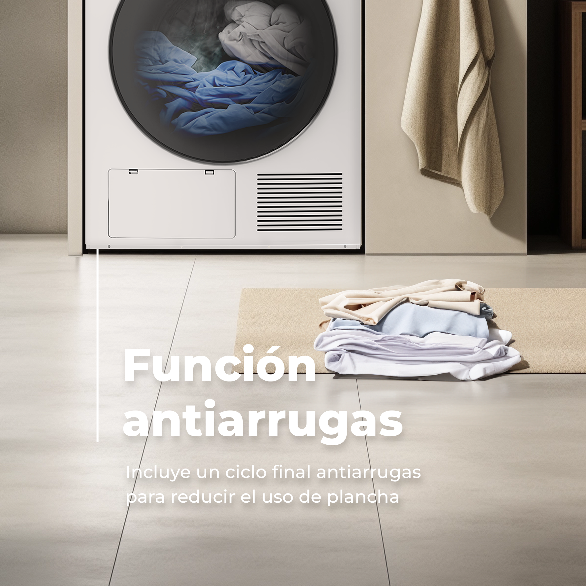 Primer plano de lavadora. Texto: Función antiarrugas. Incluye un ciclo antiarrugas para reducir el planchado.
