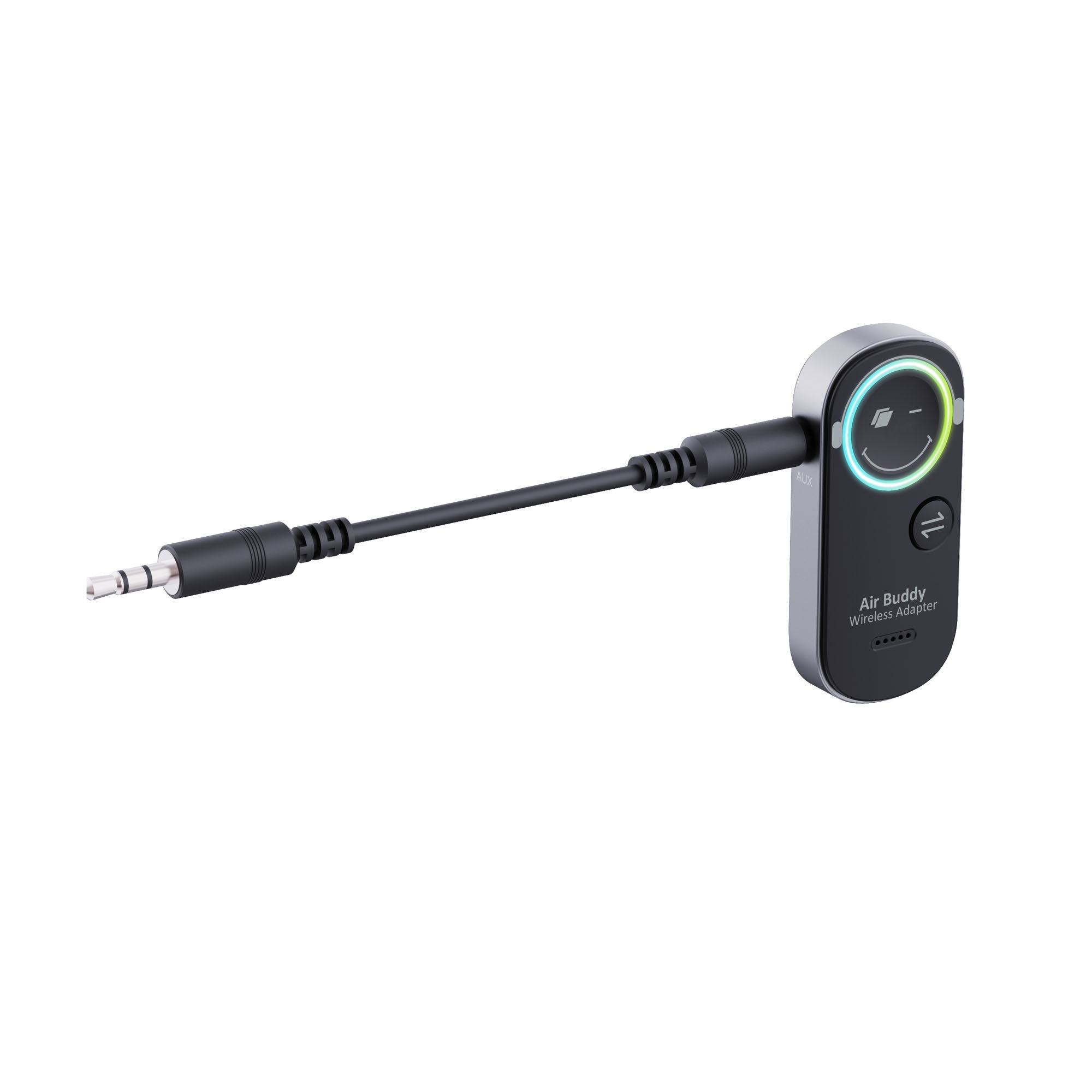Air Buddy Adapter, verbunden mit Klinkenanschluss, mit lächelndem Gesicht.