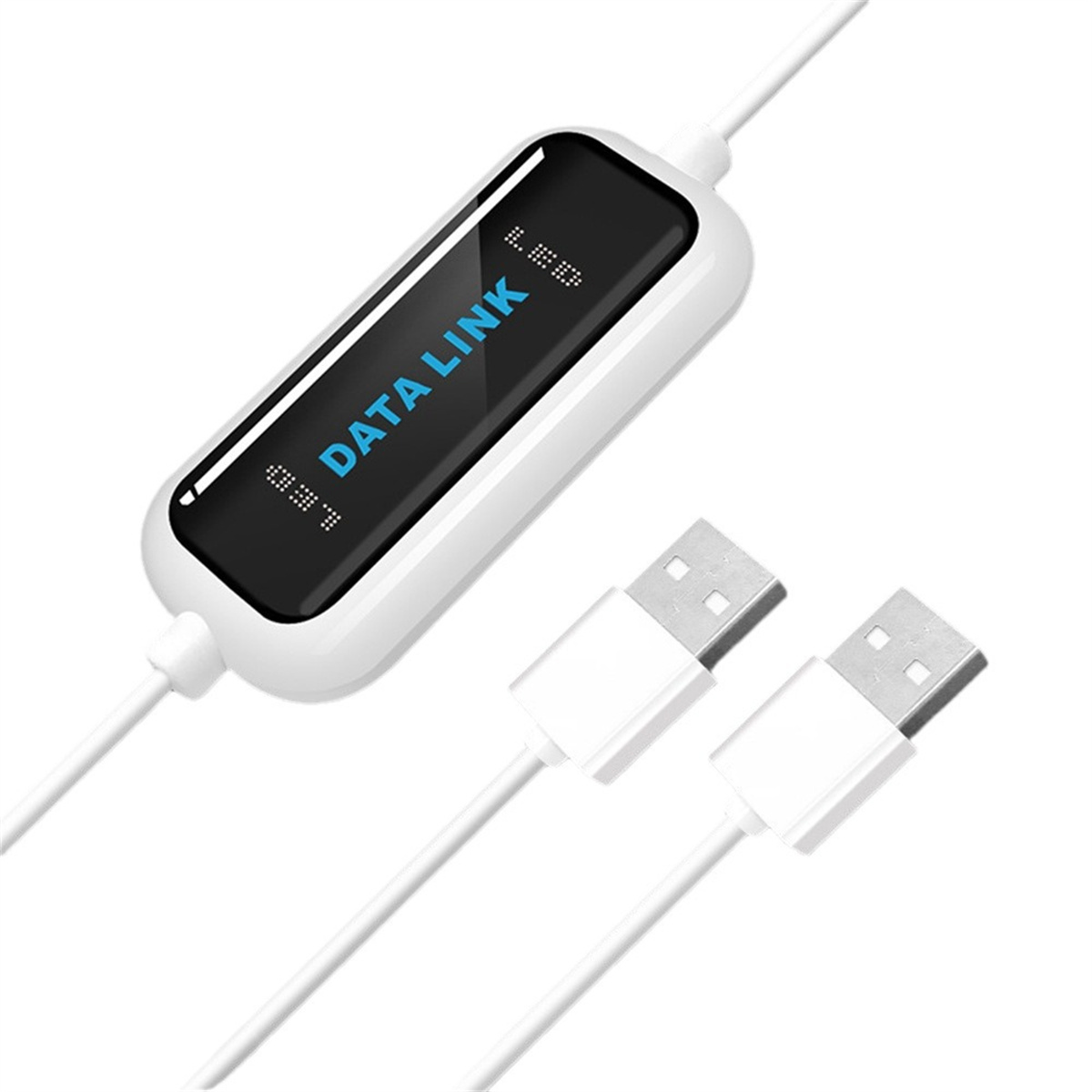Weißes Datenkabel mit schwarzem Data Link-Modul und zwei USB-Anschlüssen.