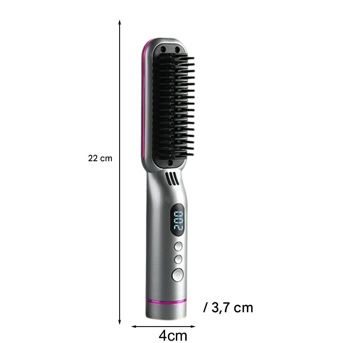 Haarglättungsbürste, grau, rosa Akzente, 22cm lang, 4cm breit, Display zeigt 200 Grad.