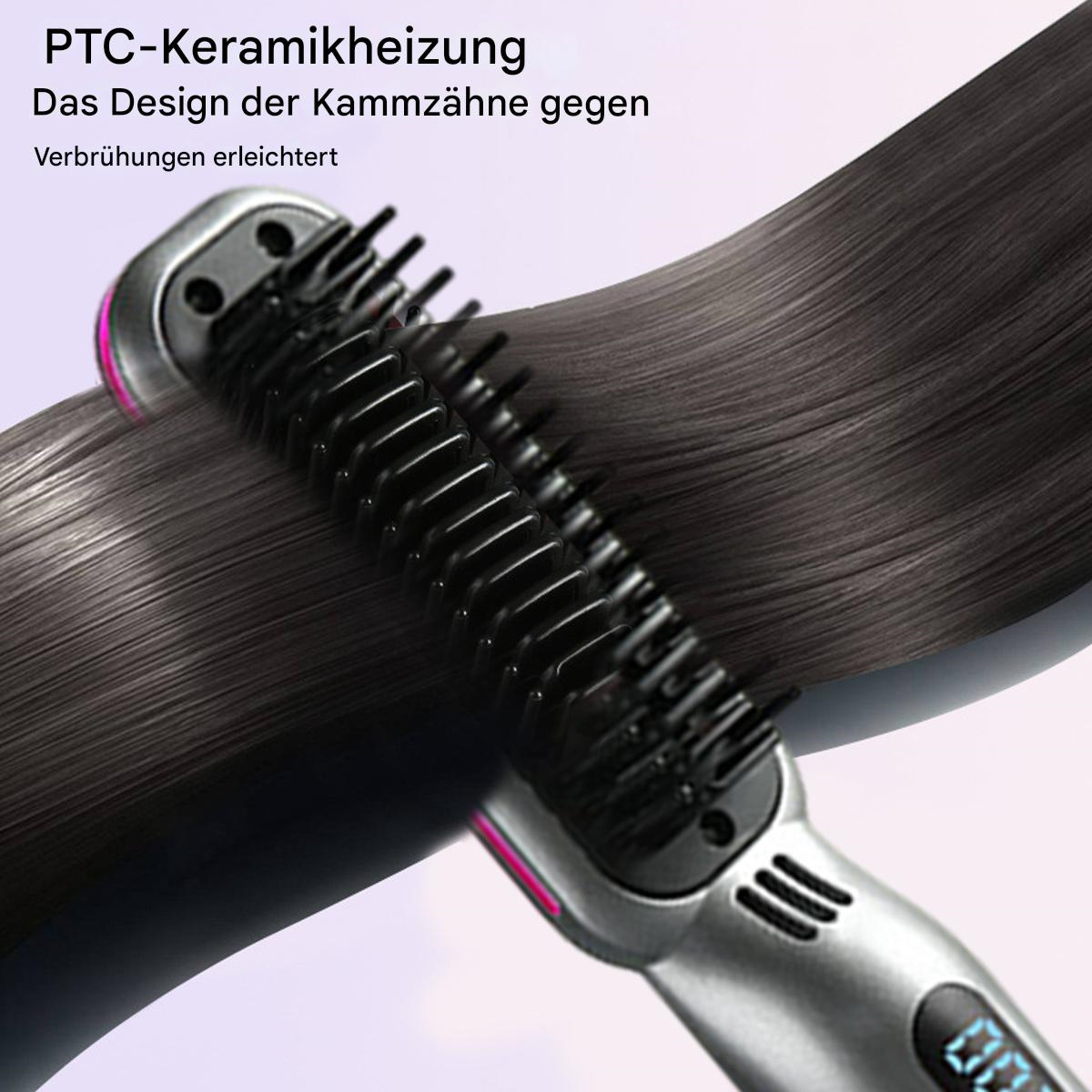 Haarglättungsbürste auf dunklem Haar, mit Text 'PTC-Keramikheizung' und Design der Kammzähne.