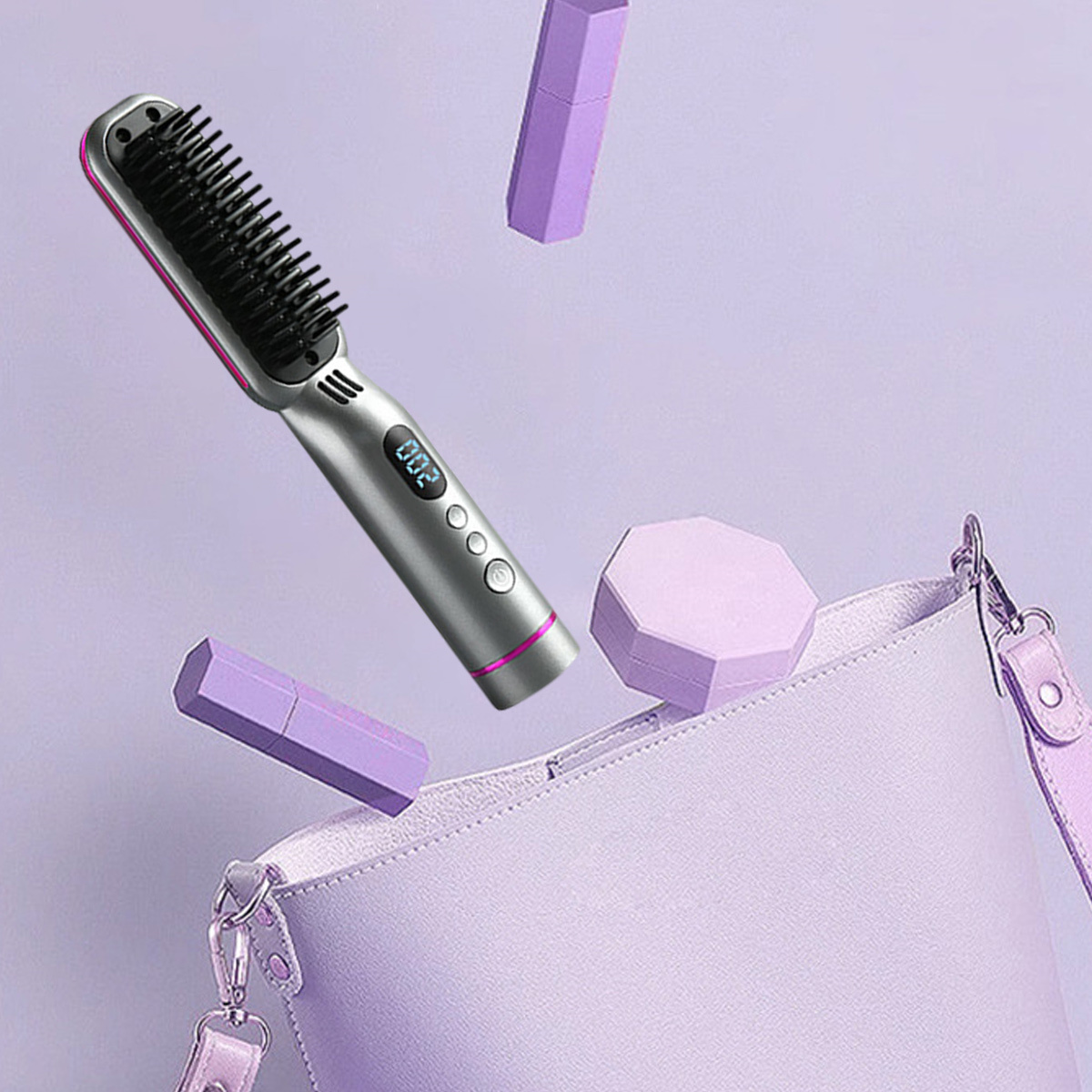 Haarglättungsbürste, grau, mit rosa Akzenten, mit Zubehör, das in eine lila Tasche fällt.