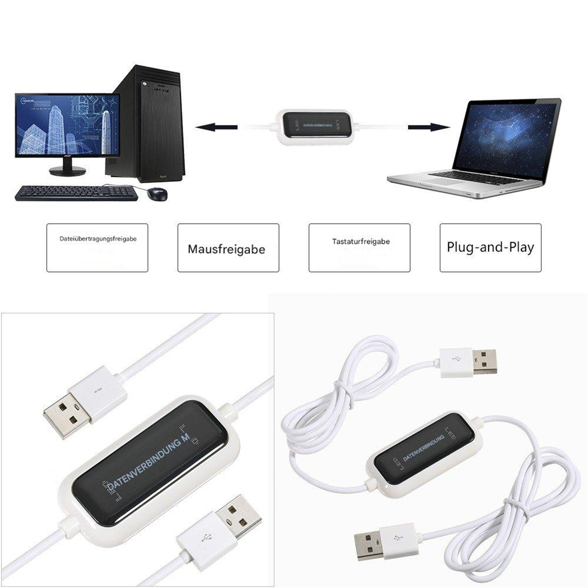 Diagramm, das die Datenübertragung zwischen Computer und Laptop mit einem Datenkabel zeigt.