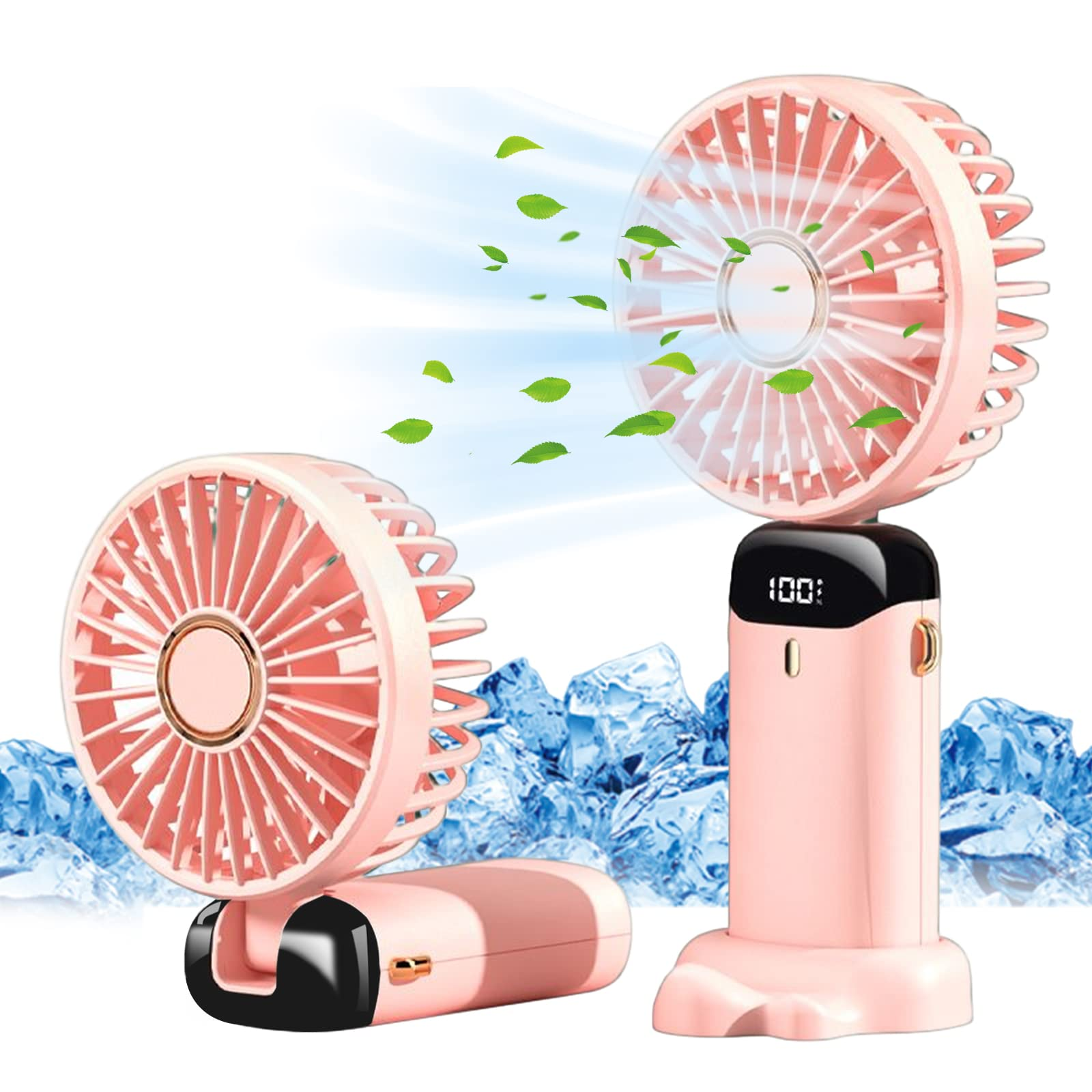 Rosa tragbarer Ventilator. Einer ist offen, einer ist geschlossen. Eis und grüne Blätter umgeben ihn.