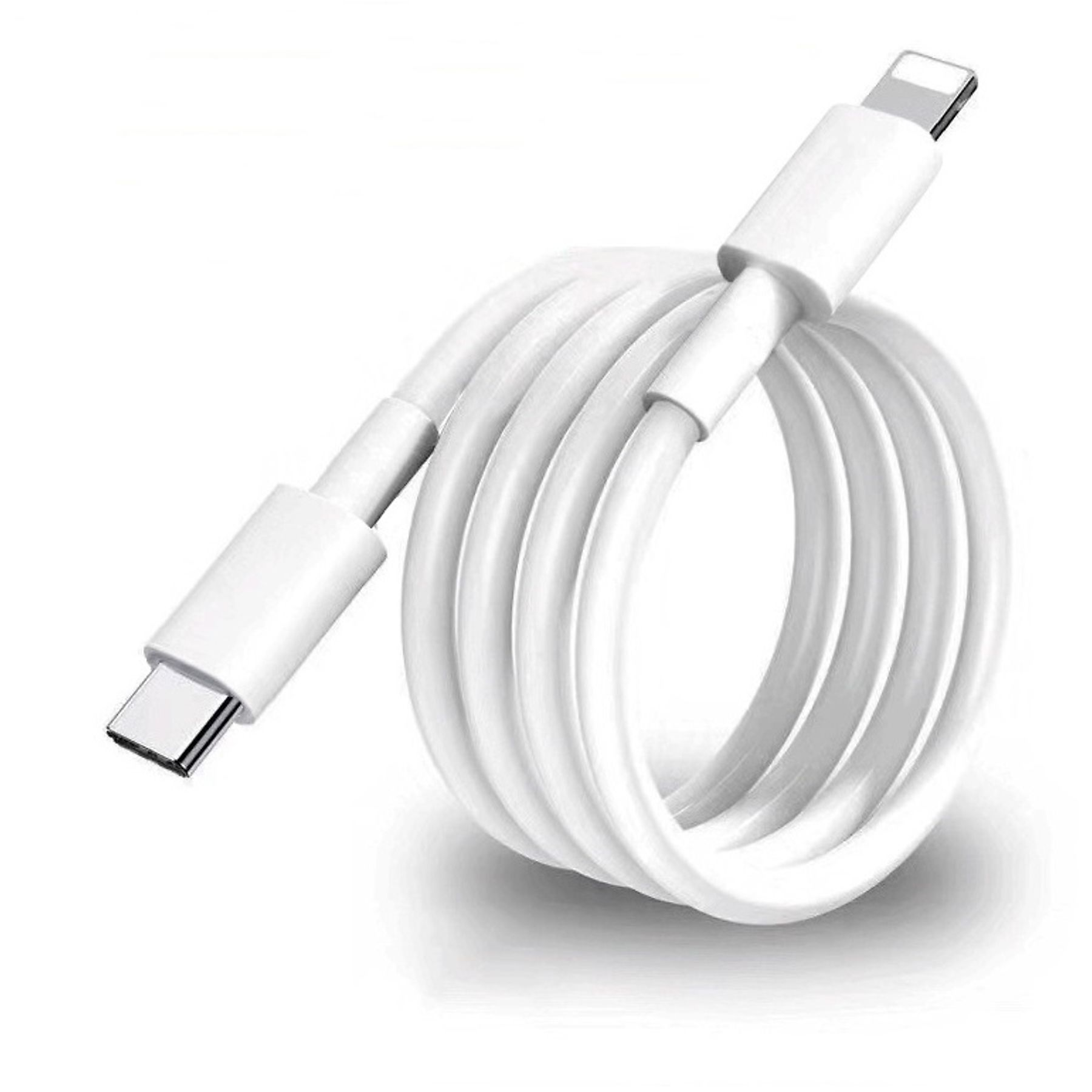 Weißes USB-C-zu-Lightning-Kabel aufgerollt. Anschlüsse an beiden Enden des weißen Kabels.