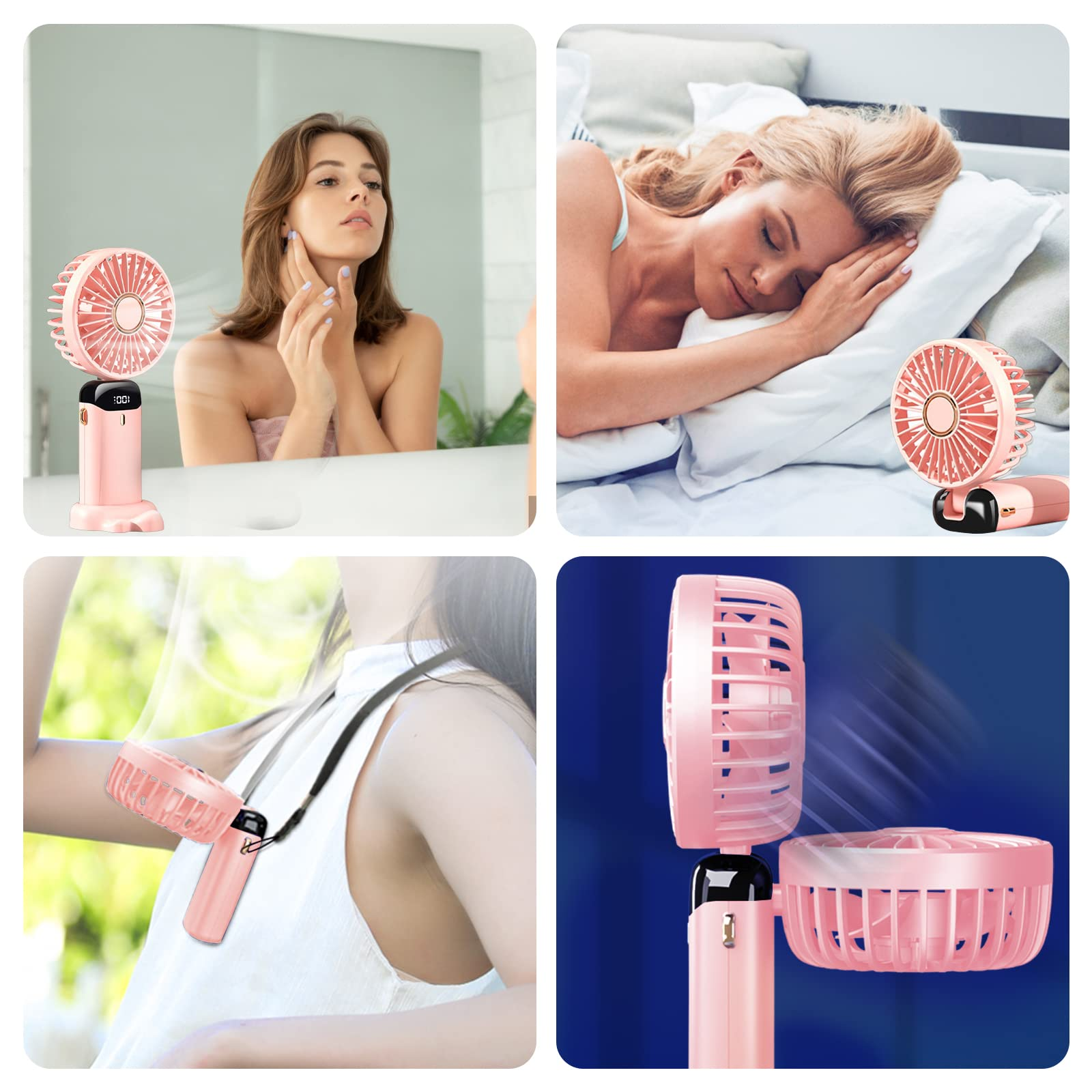 Vier Bilder eines rosa tragbaren Ventilators. Verwendungen umfassen Schönheit, Schlafen und Hals tragen.