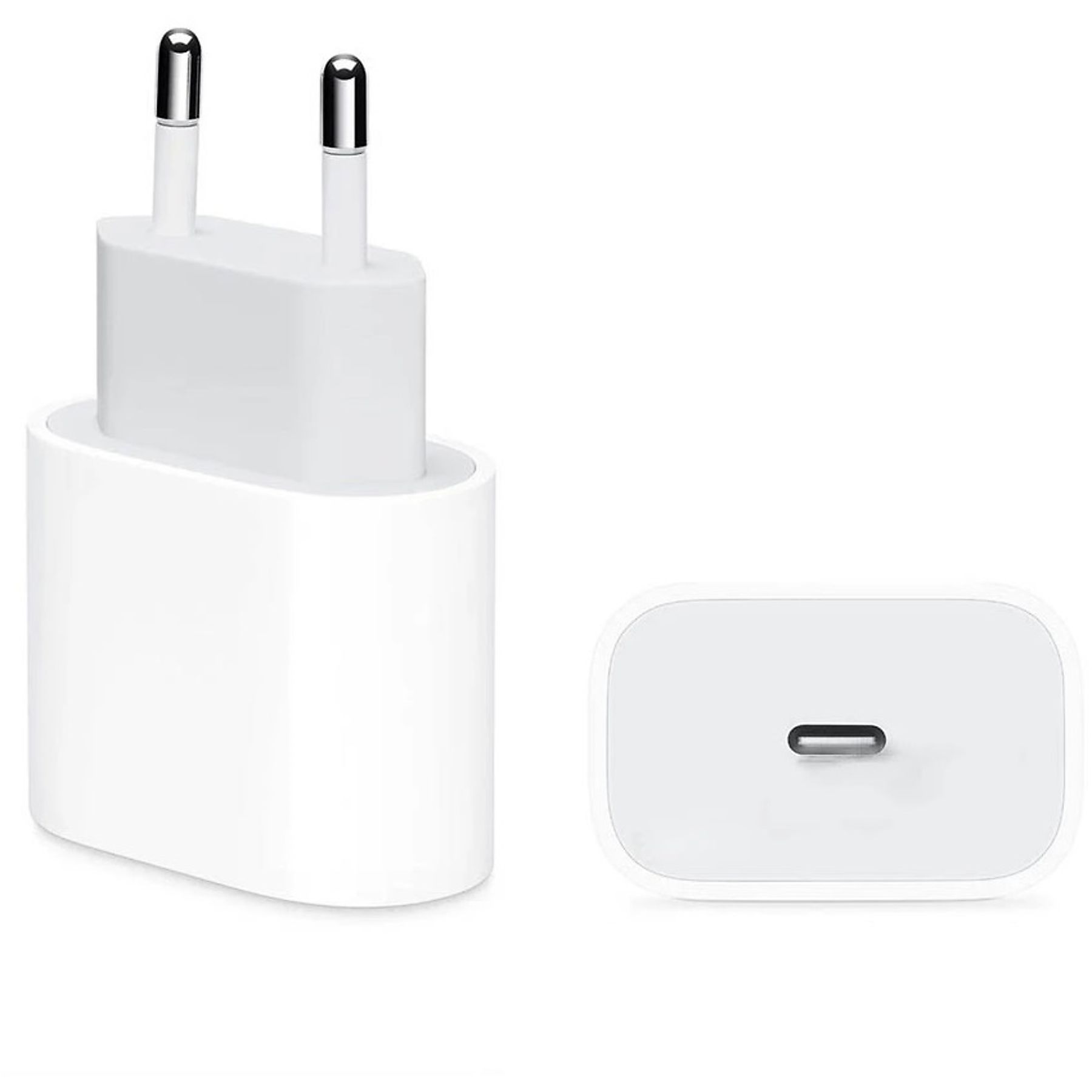 Weißes Telefonladegerät mit zwei Stiften und einem USB-C-Anschluss, neben einem separaten Ladeblock.