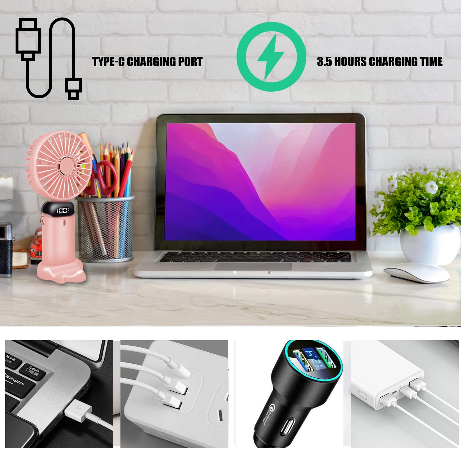 Schreibtisch mit rosa Ventilator, Laptop und Ladezubehör. Nahaufnahmen von Ladeanschlüssen werden gezeigt.