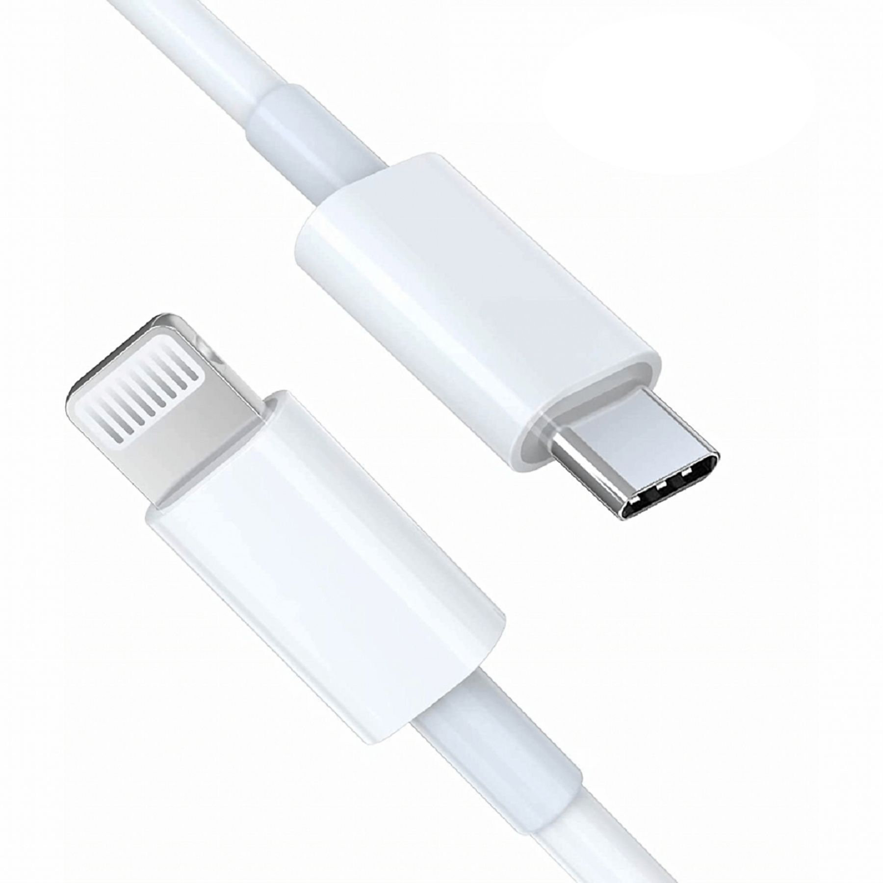 Nahaufnahme eines weißen USB-C-zu-Lightning-Kabels. Anschlüsse an beiden Enden des Kabels.
