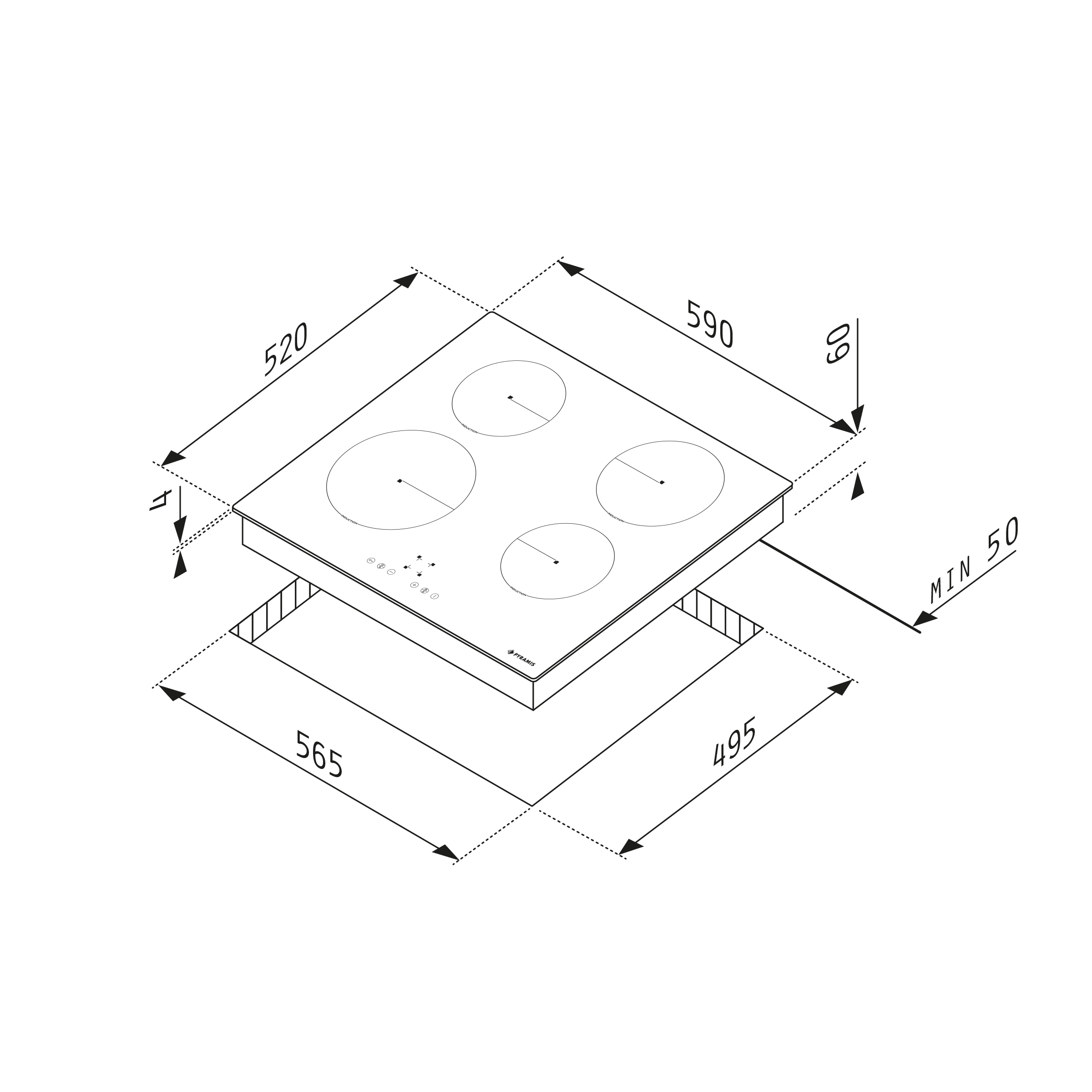 Diagramm eines schwarzen Induktionskochfelds mit Abmessungen und Kochfeldplatzierungen.