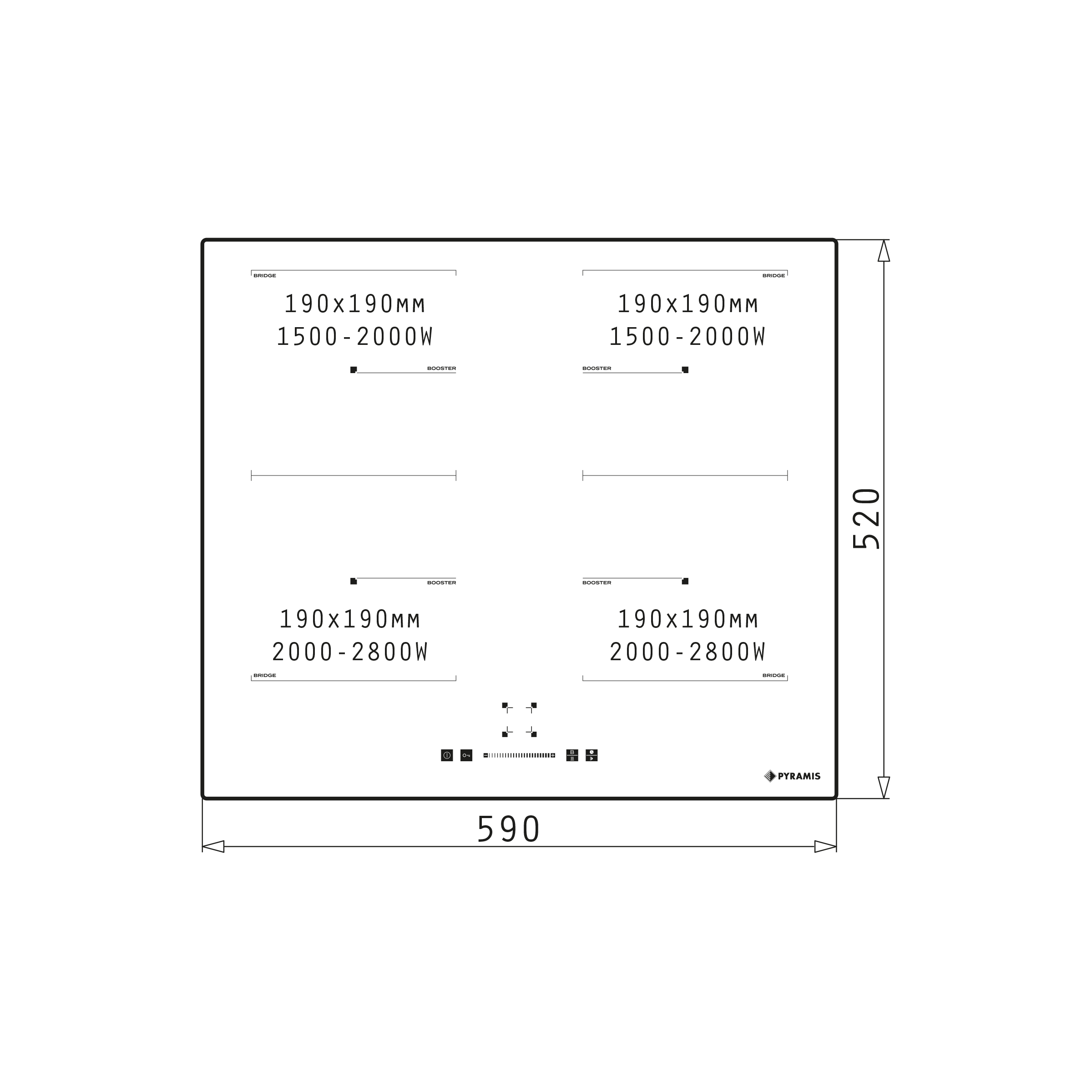 Diagramm eines schwarzen Induktionskochfelds mit Abmessungen und Leistung der Kochfelder.