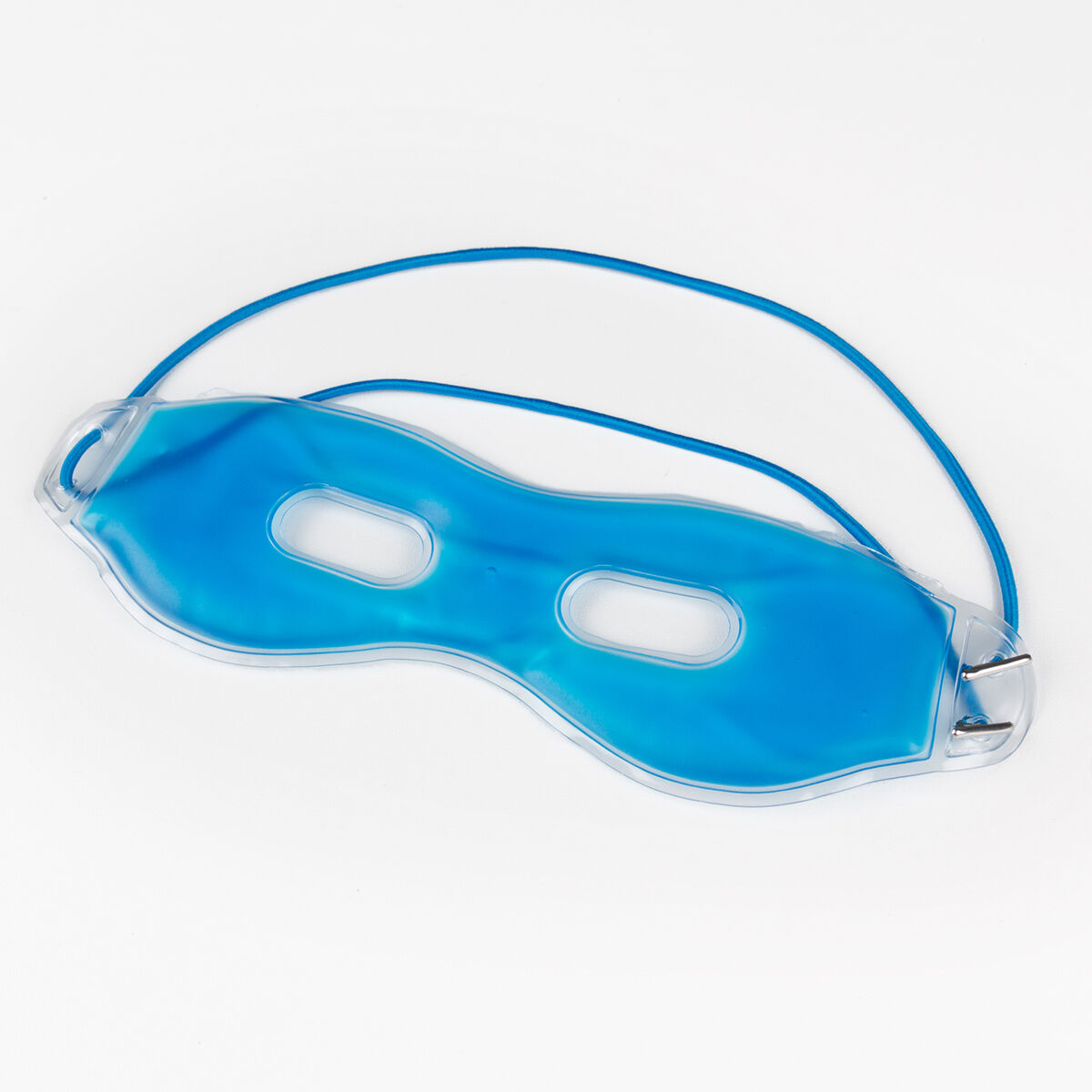 Maschera per occhi in gel blu con cinturino blu su sfondo bianco. La maschera ha la forma di occhi.