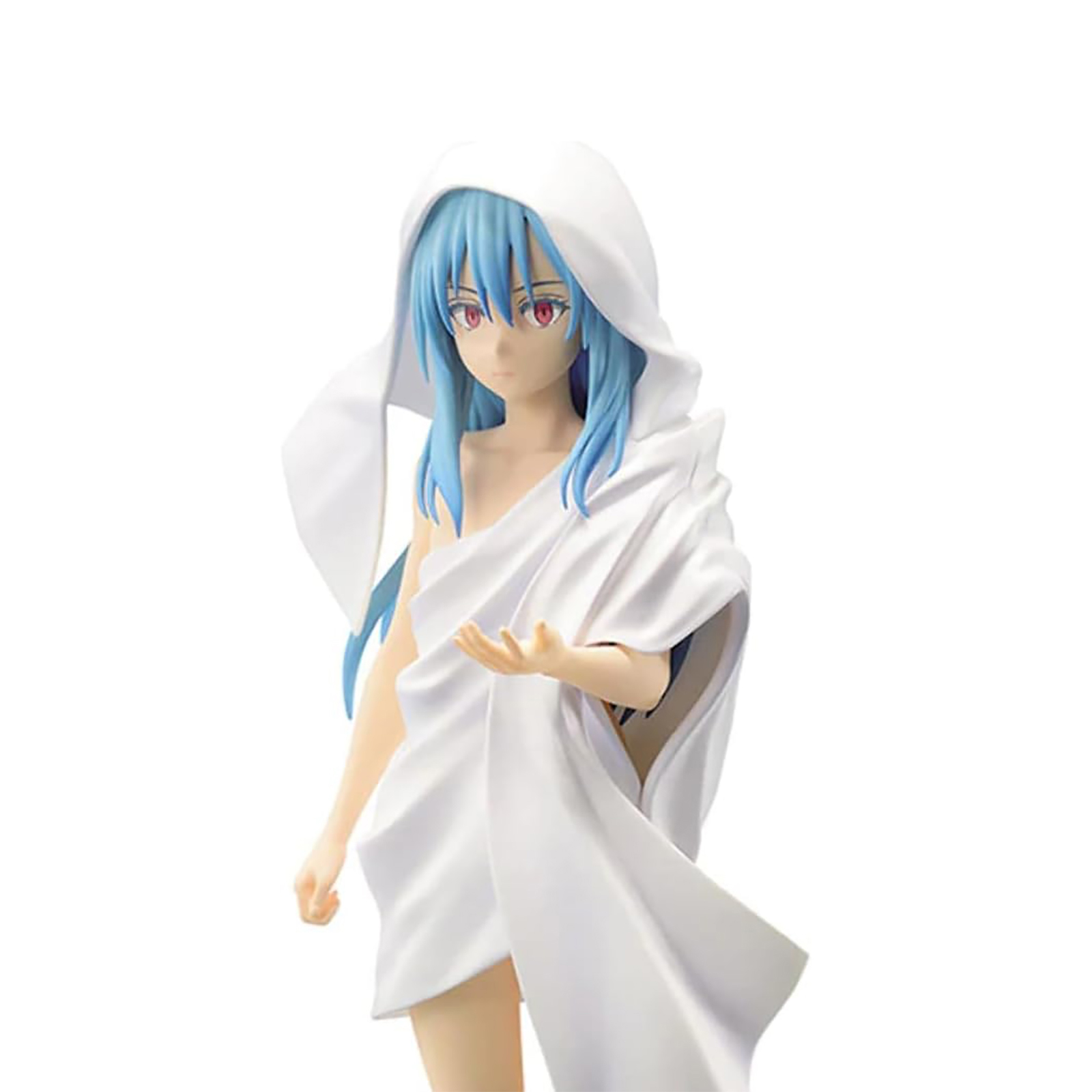 Figura de anime en capa blanca con capucha, extendiendo una mano, sobre fondo blanco.