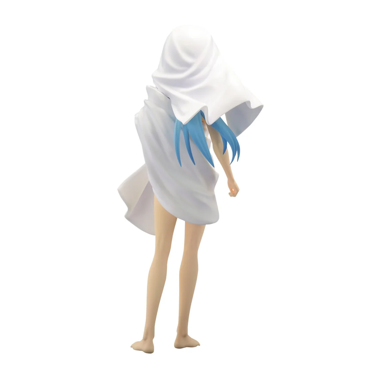 Figura de anime de una persona con una túnica blanca y cabello azul.