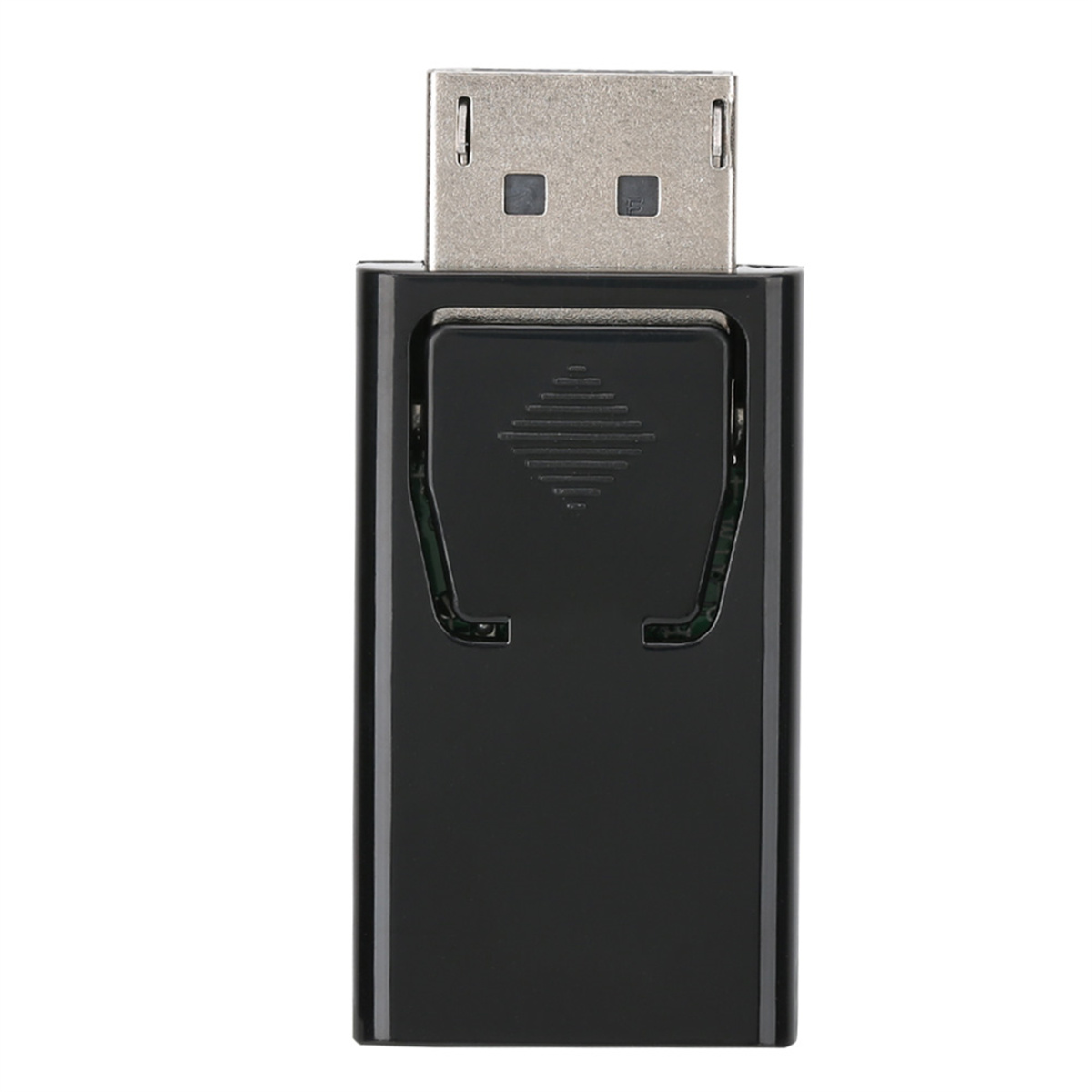 Schwarzer DisplayPort-zu-HDMI-Adapter, Nahaufnahme, weißer Hintergrund.