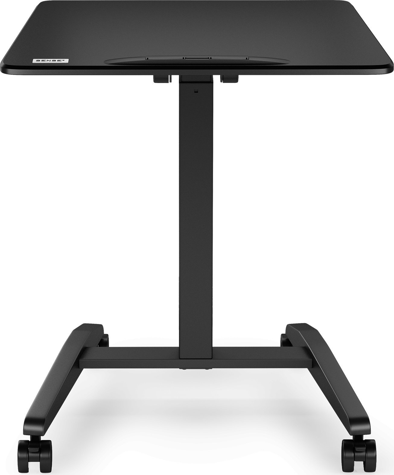 Schwarzer mobiler Laptoptisch. Tischplatte, vertikale Stütze und ein Untergestell mit Rollen.