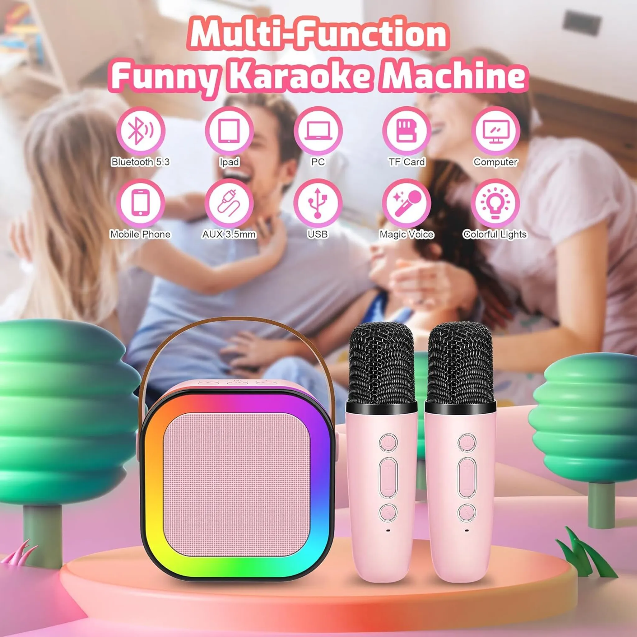 Multifunktions-Karaokemaschine mit zwei rosa Mikrofonen. Symbole für verschiedene Anschlussmöglichkeiten werden gezeigt.
