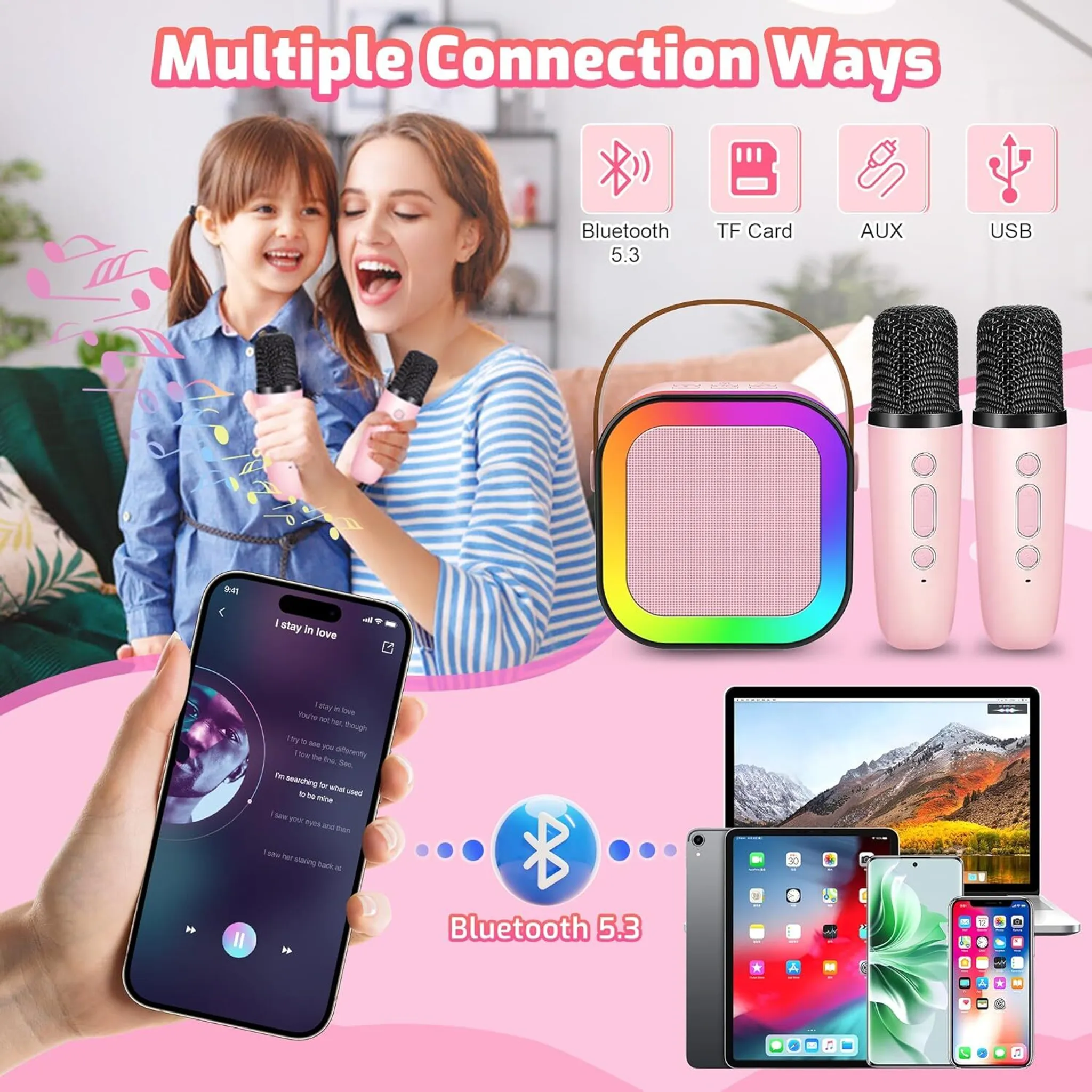 Zwei Mädchen mit Mikrofonen, einem Lautsprecher und mehreren Geräten: Bluetooth 5.3, TF-Karte, AUX- und USB-Anschlüsse.