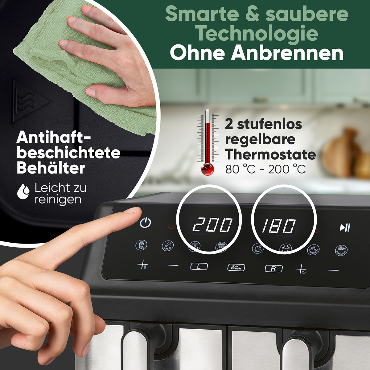 Ręka dotykająca panelu sterowania czarnej frytkownicy. Widoczne wyświetlacze i przyciski.