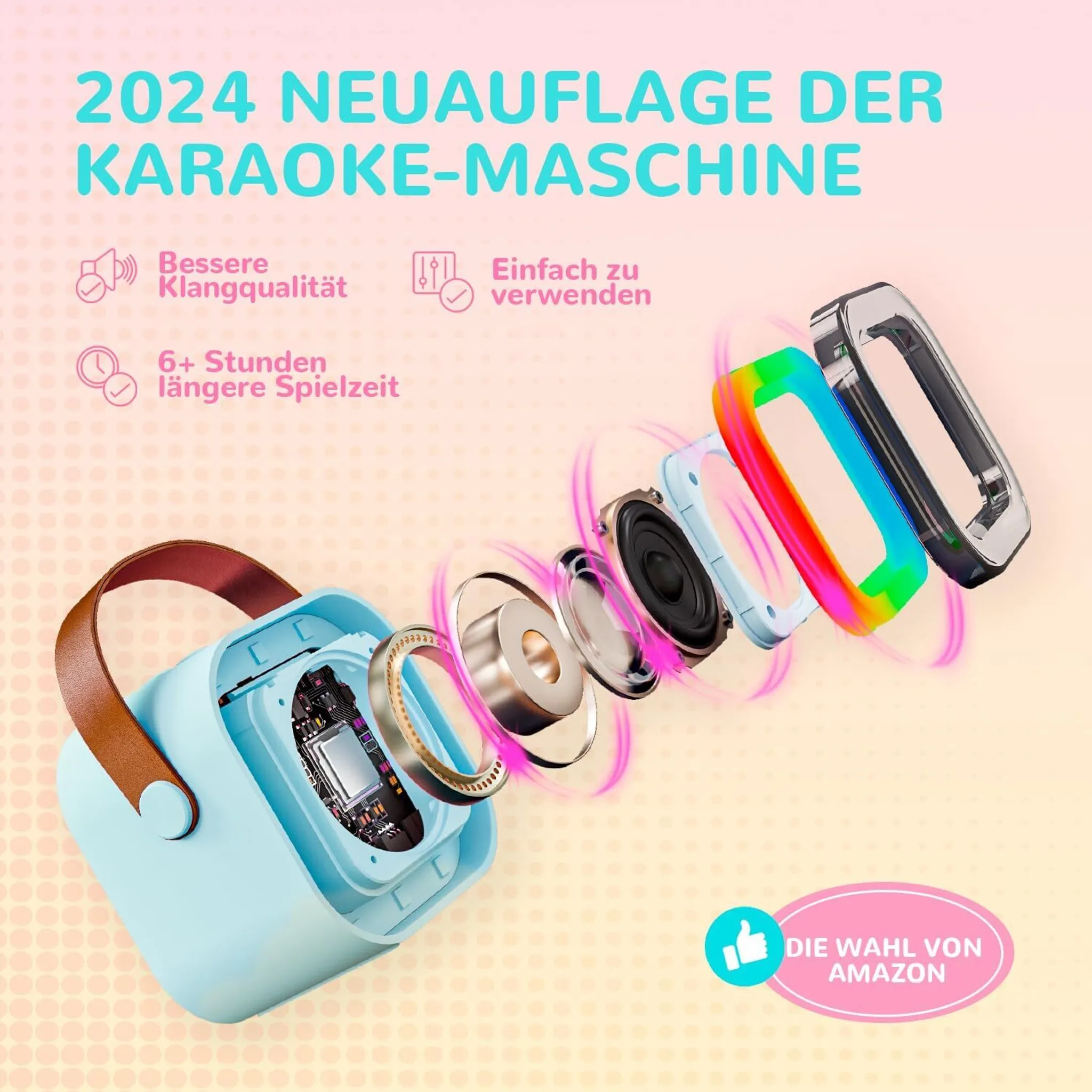 Karaoke-Maschine mit Explosionsansicht, die innere Komponenten zeigt. Text zeigt längere Spielzeit und Amazon-Auswahl.