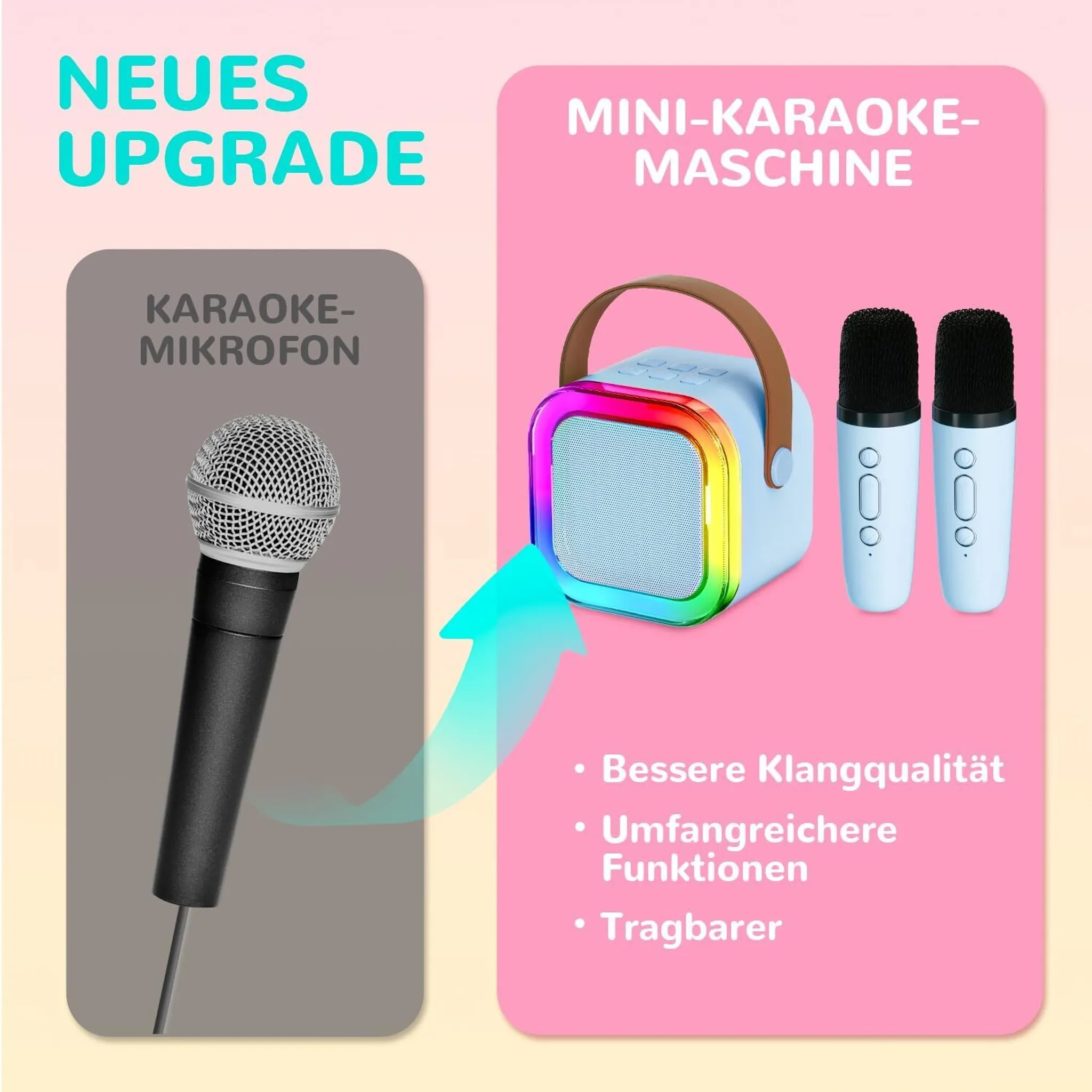 Eine Mini-Karaoke-Maschine mit zwei Mikrofonen. Text weist auf ein Upgrade und bessere Klangqualität hin.