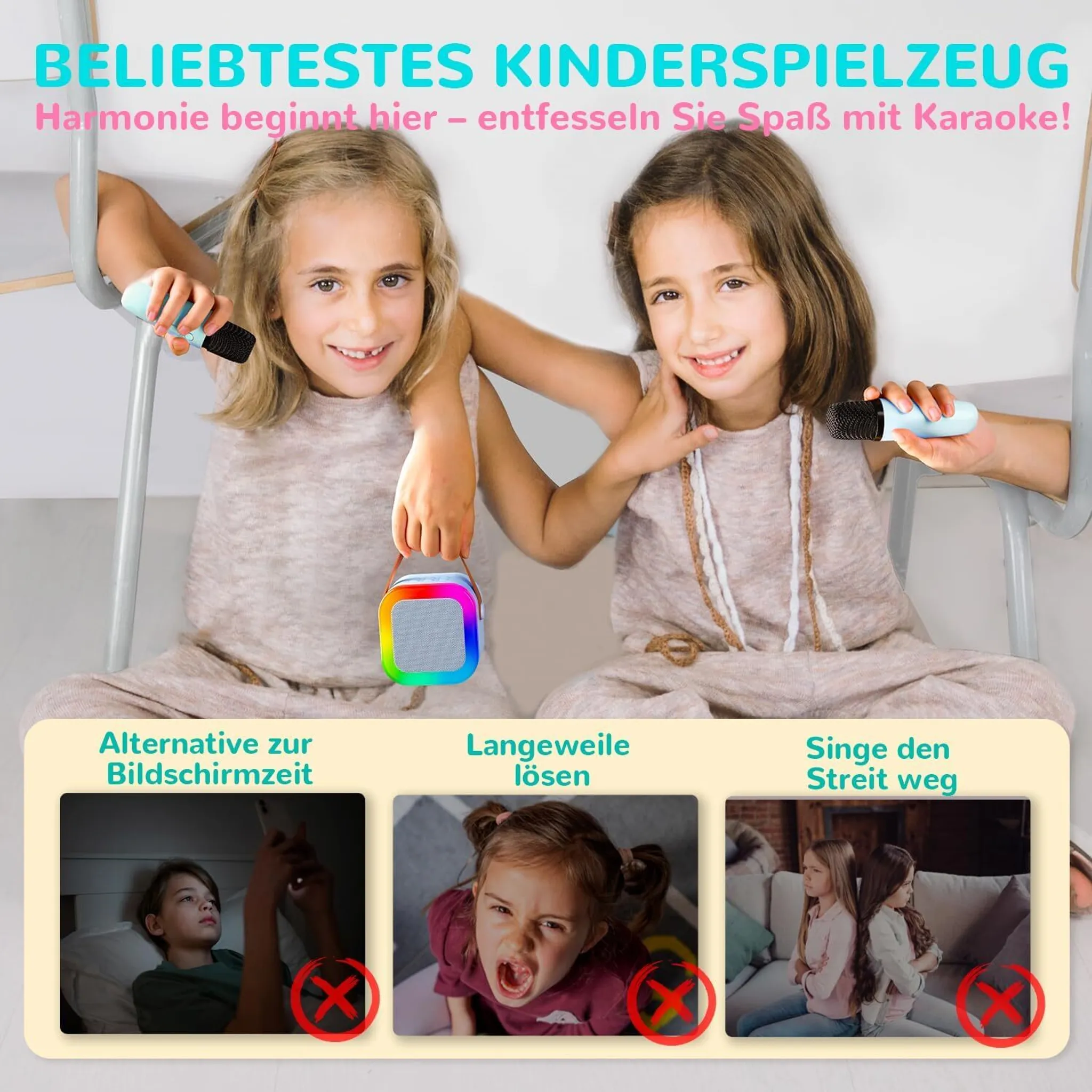 Zwei Mädchen mit Lautsprecher und Mikrofonen, plus Bilder zur Bildschirmzeit.