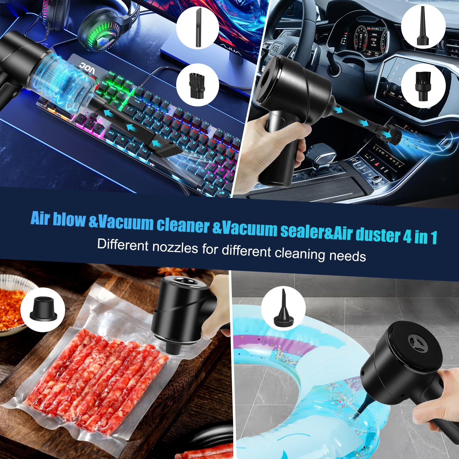 Luftstaubsauger und Vakuum mit verschiedenen Düsen, Reinigung verschiedener Gegenstände.