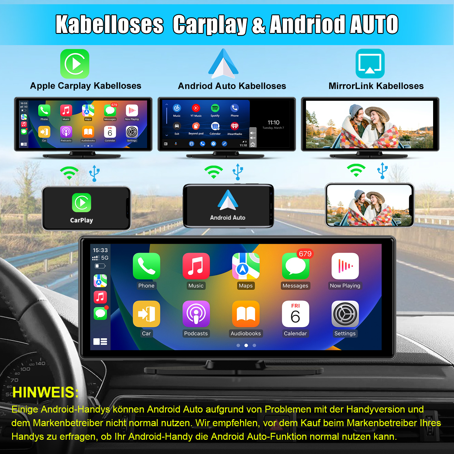 Autobildschirm zeigt Apple CarPlay, Android Auto und MirrorLink-Schnittstellen.