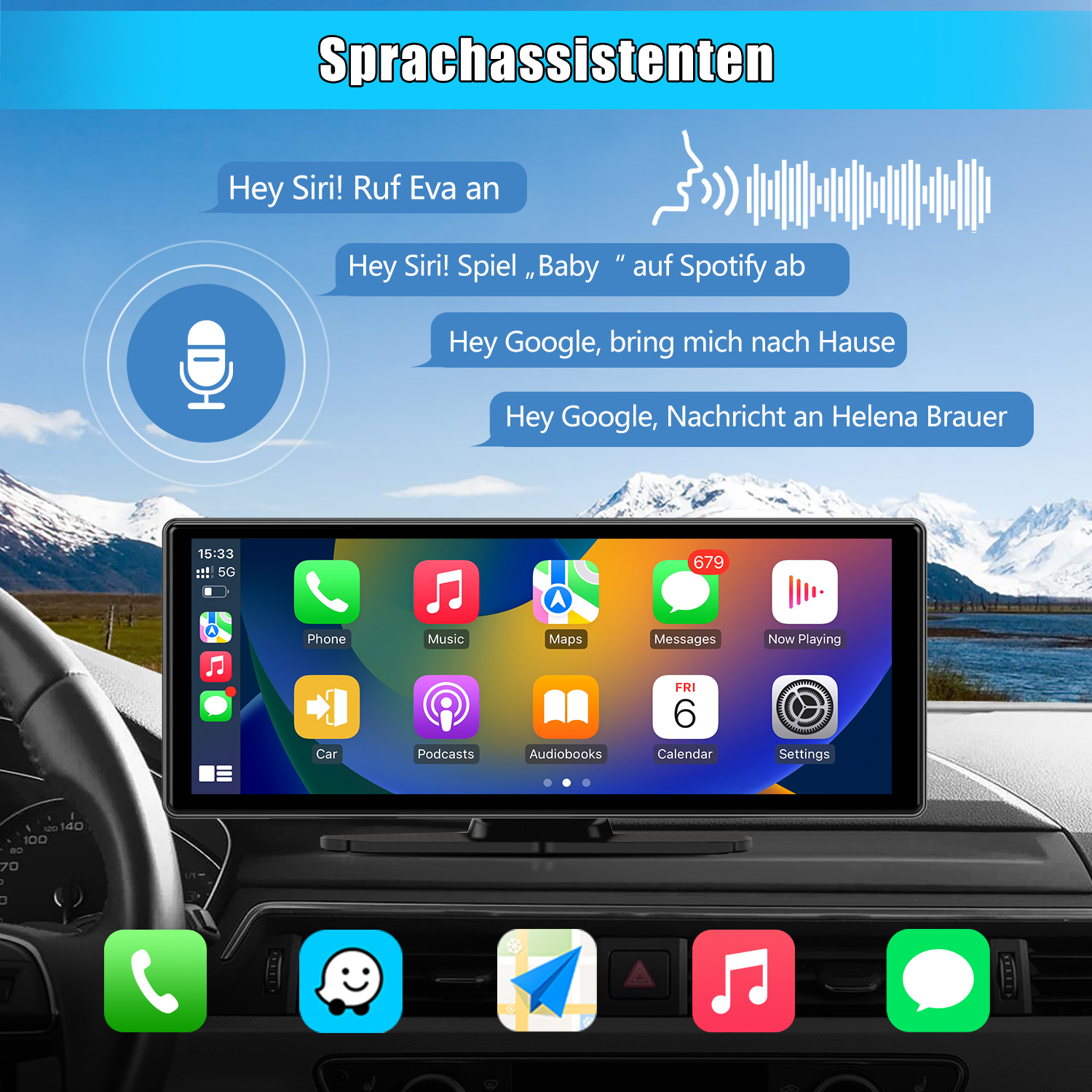 Autobildschirm zeigt Apps, mit Berg- und Seehintergrund.