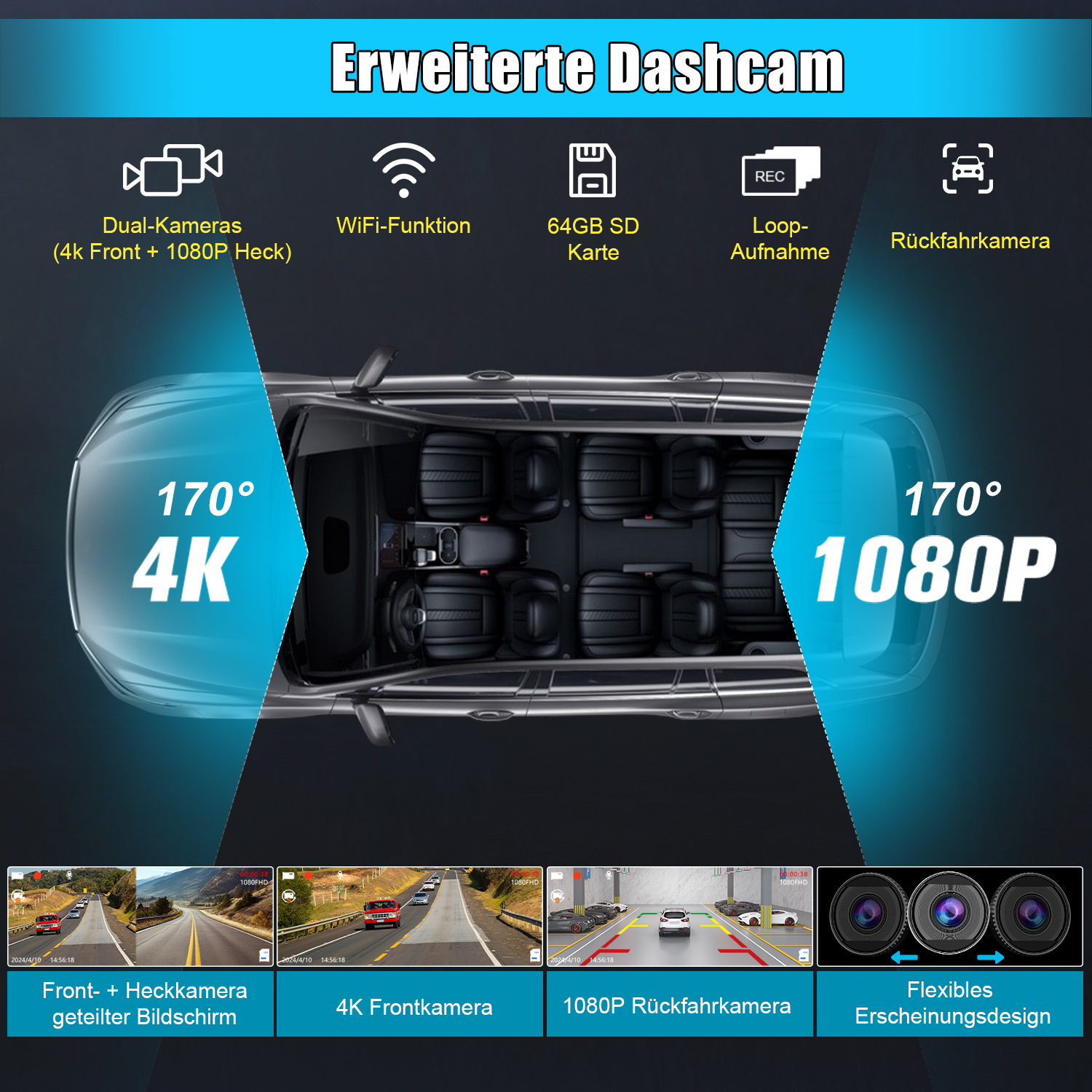 Innenansicht eines Autos mit Dashcam und verschiedenen Kamerawinkeln.