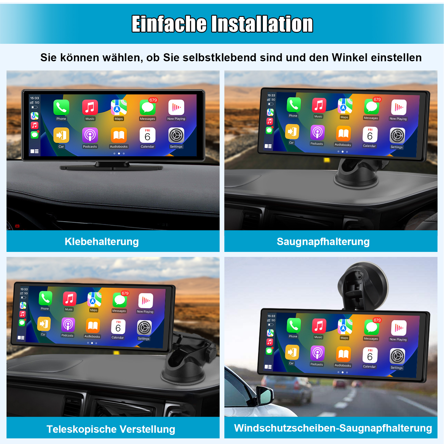 Autobildschirm in verschiedenen Halterungen, zeigt App-Symbole. Der Bildschirm hat einen blauen Hintergrund.