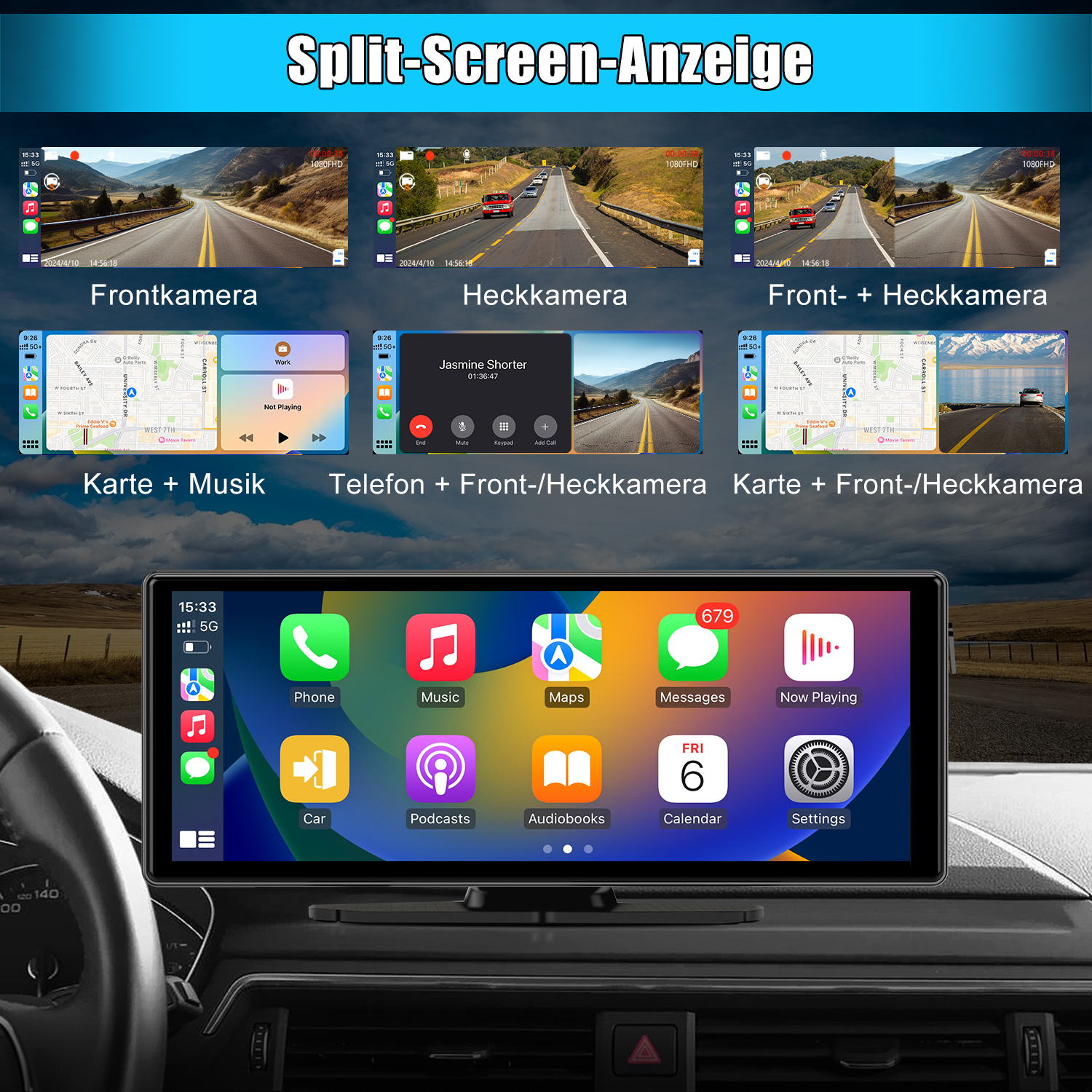 Auto-Bildschirm mit Navigation, Musik und Telefon-Apps. Drei geteilte Bildschirme werden angezeigt.