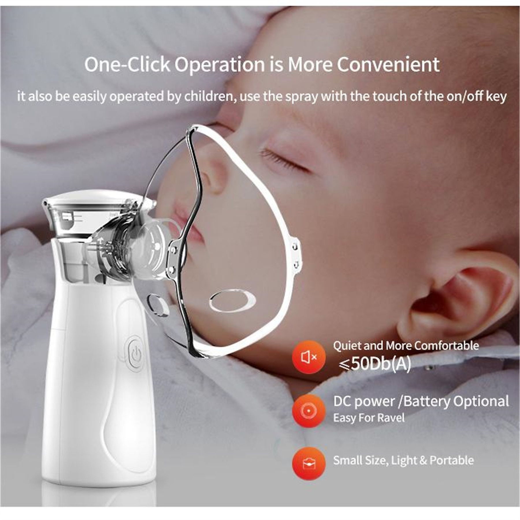 Baby mit Verneblermaske. Weißer Vernebler mit Ein-/Aus-Taste. Text: Leise und komfortabel, DC-Strom, kleine Größe.