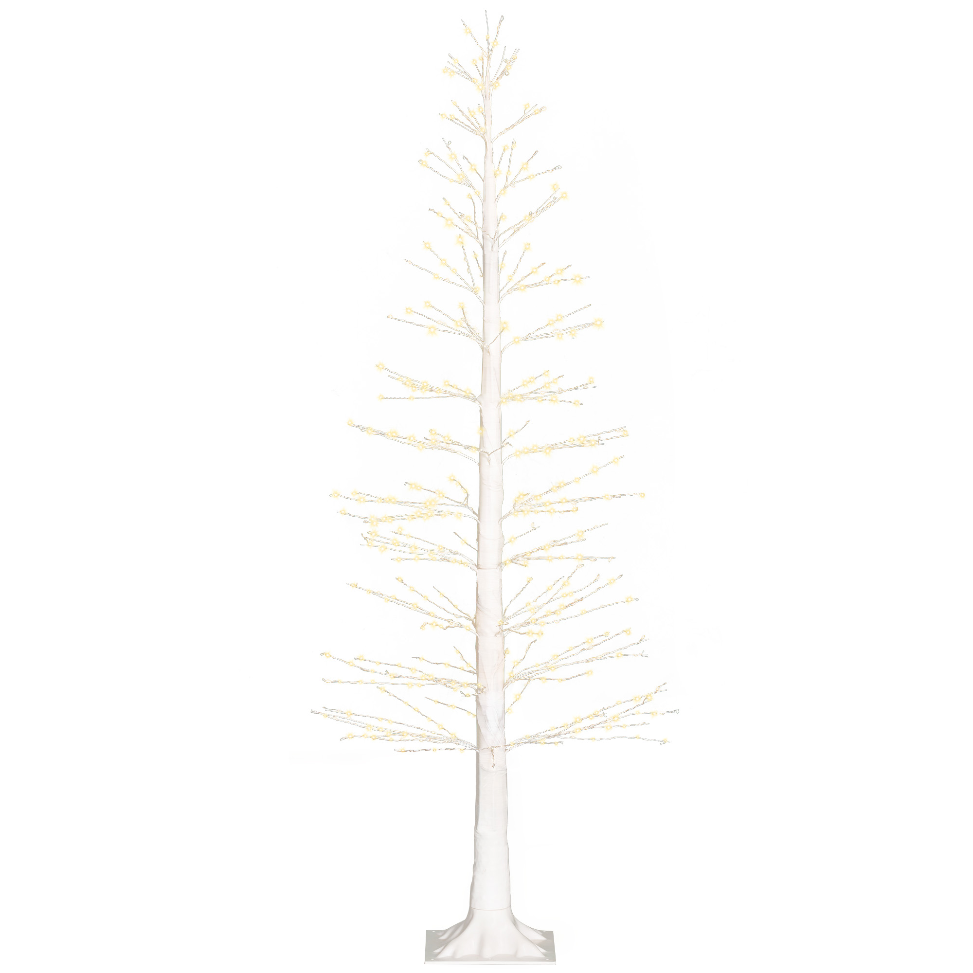 Ein weißer Weihnachtsbaum mit vielen kleinen gelben Lichtern. Er steht hoch vor einem weißen Hintergrund.