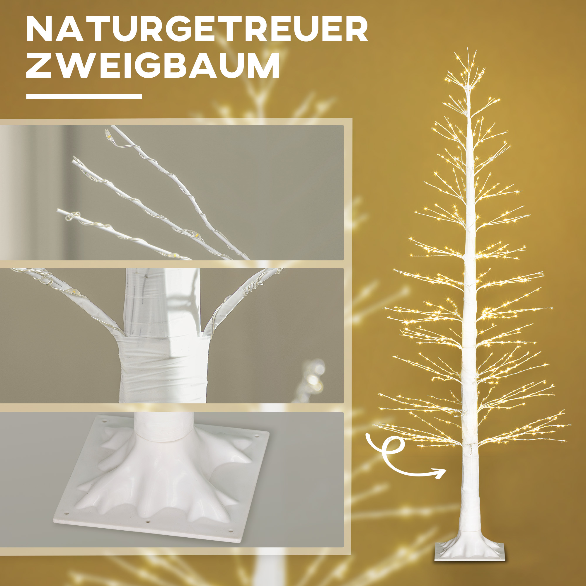 Weißer Weihnachtsbaum mit Lichtern. Details des Baumstamms und der Äste sind gezeigt.