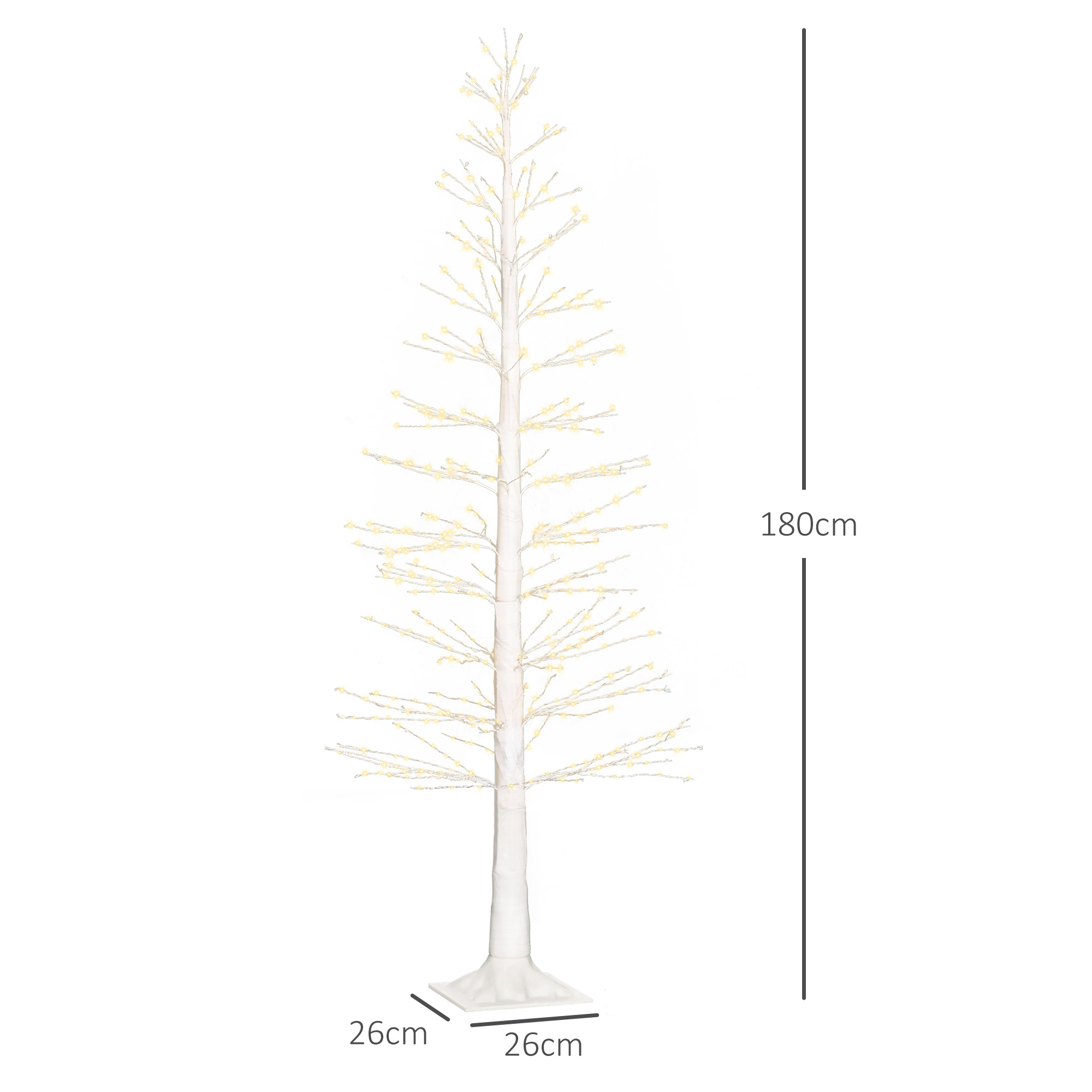 Ein weißer Weihnachtsbaum mit Lichtern. Er ist hoch, mit den angegebenen Abmessungen: 180 cm hoch und 26 cm breit.