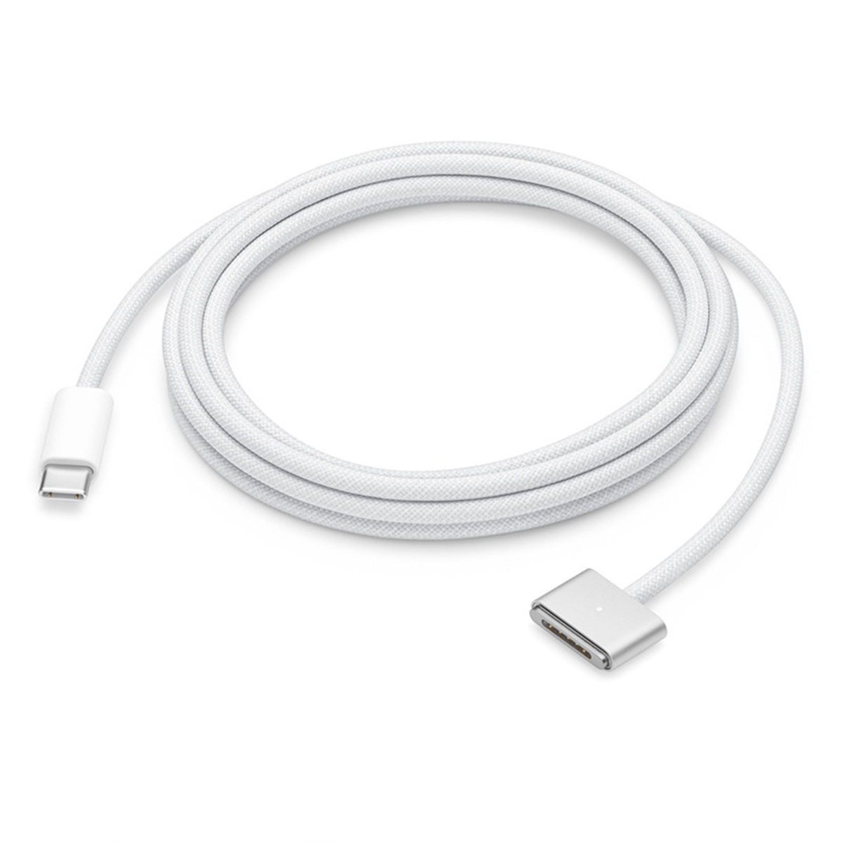 Weißes Ladekabel für ein Macbook. Es hat einen magnetischen Anschluss und ein USB-C-Ende.